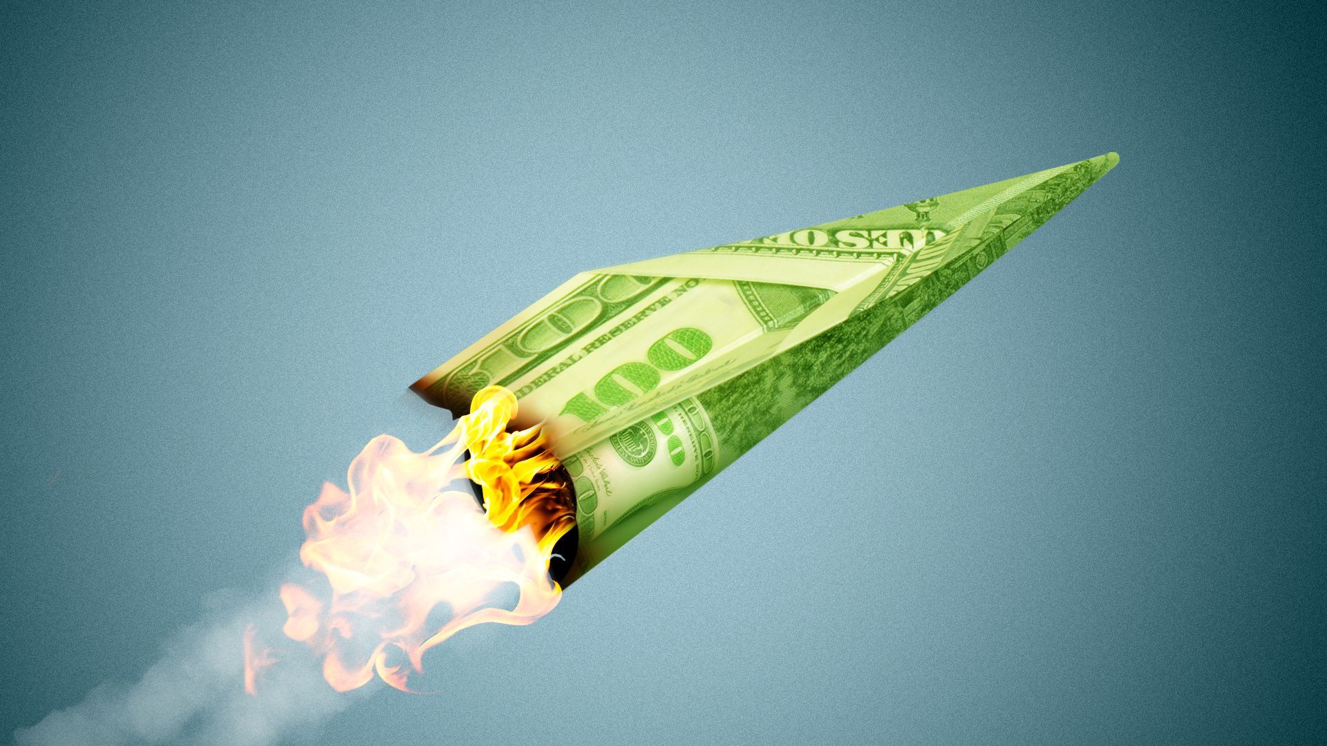 Illustration of a rocket made of money, on fire, shooting into the sky. 