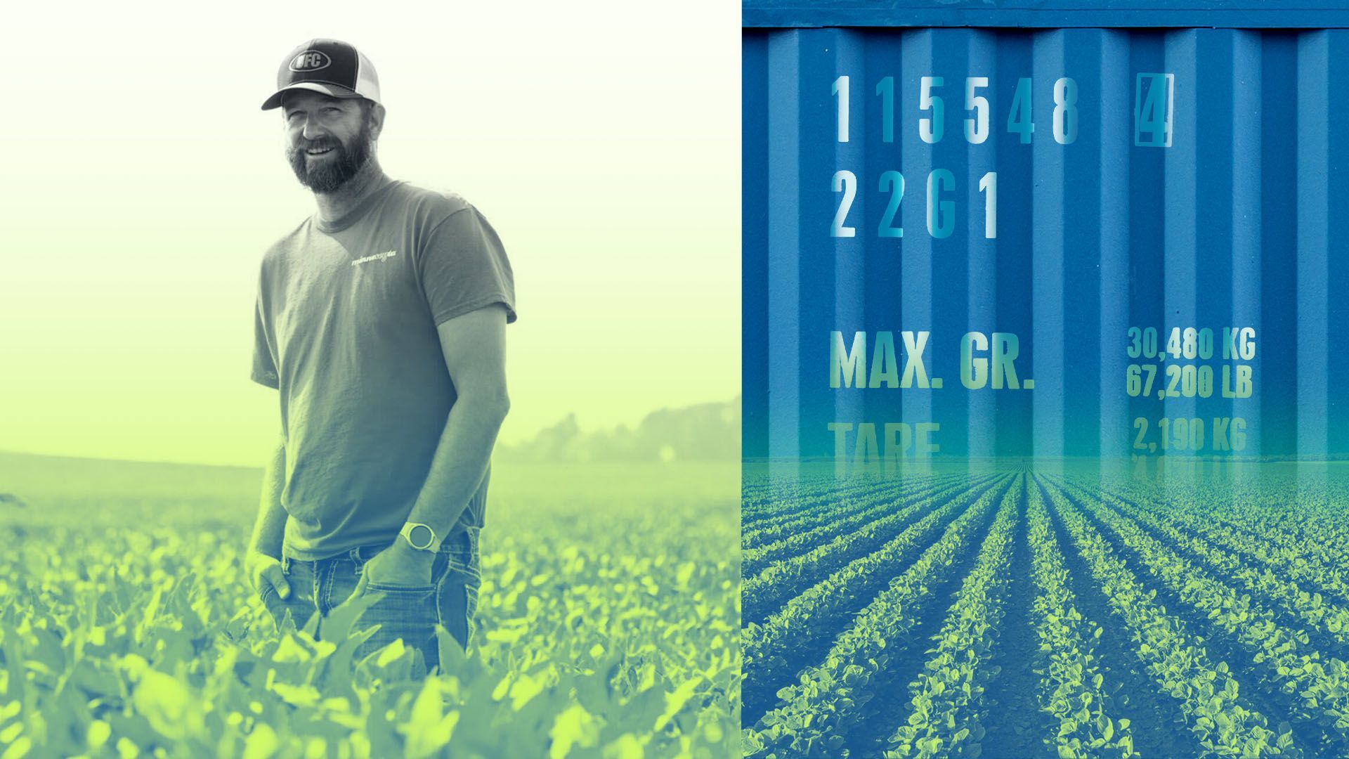 Photo illustration of soybean farmer Ryan Mackenthun beside and image of a soybean field and a shipping container