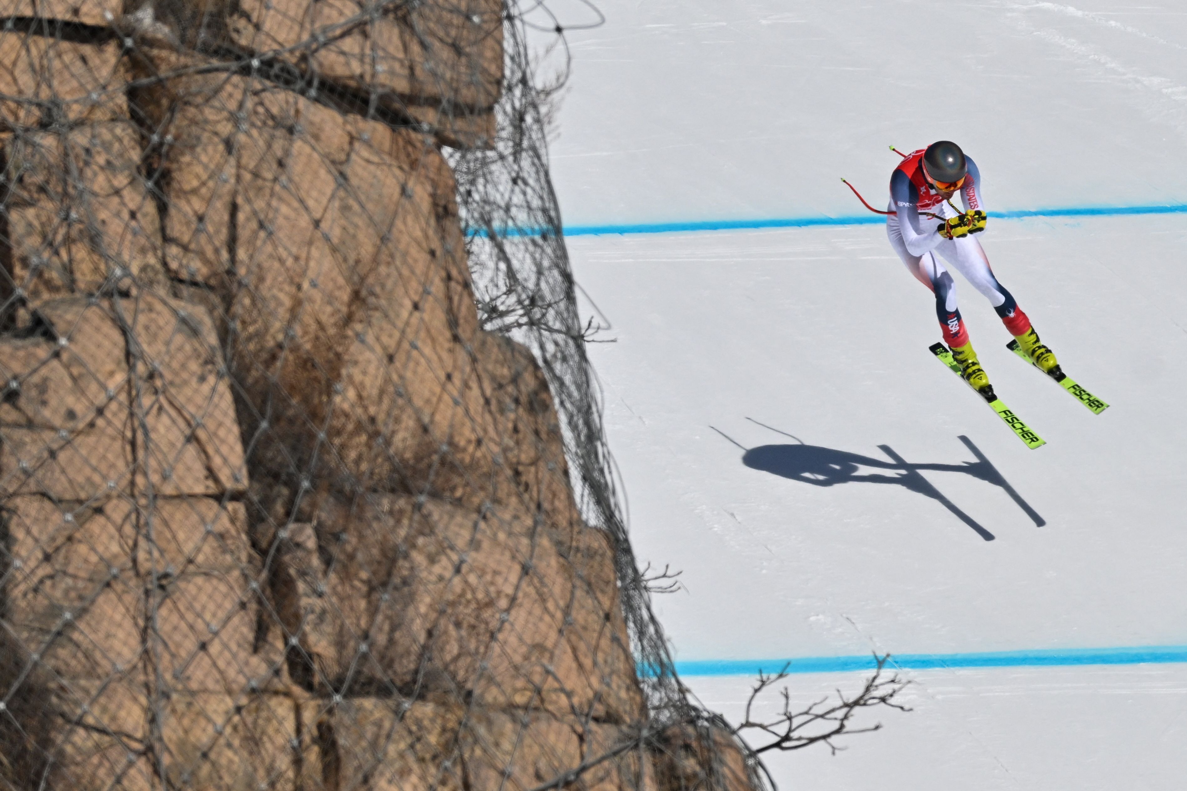 USA's Bryce Bennett competes in the mens downhill final during the Beijing 2022 Winter Olympic Games at the Yanqing National Alpine Skiing Centre in Yanqing on February 7