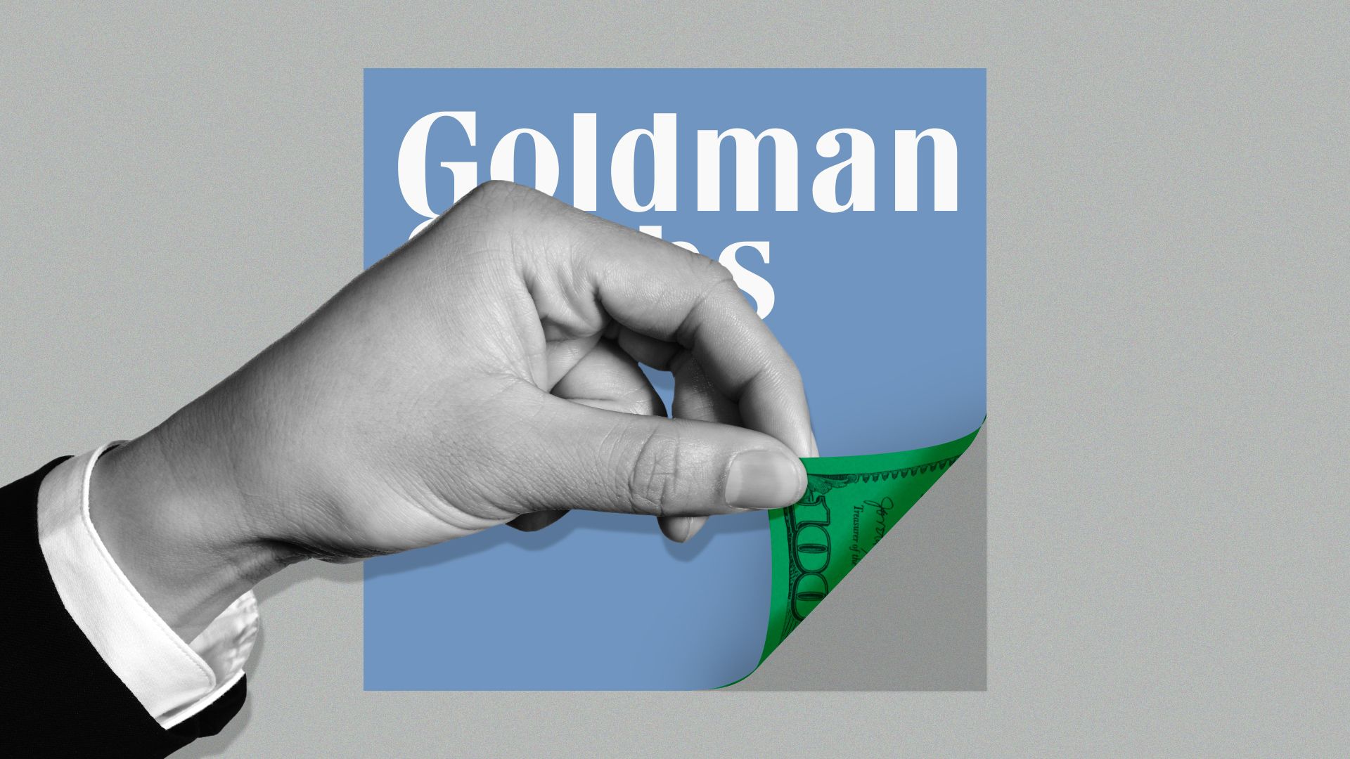 Illustration of a hand peeling back the Goldman Sachs logo to reveal the underside of a hundred dollar bill. 