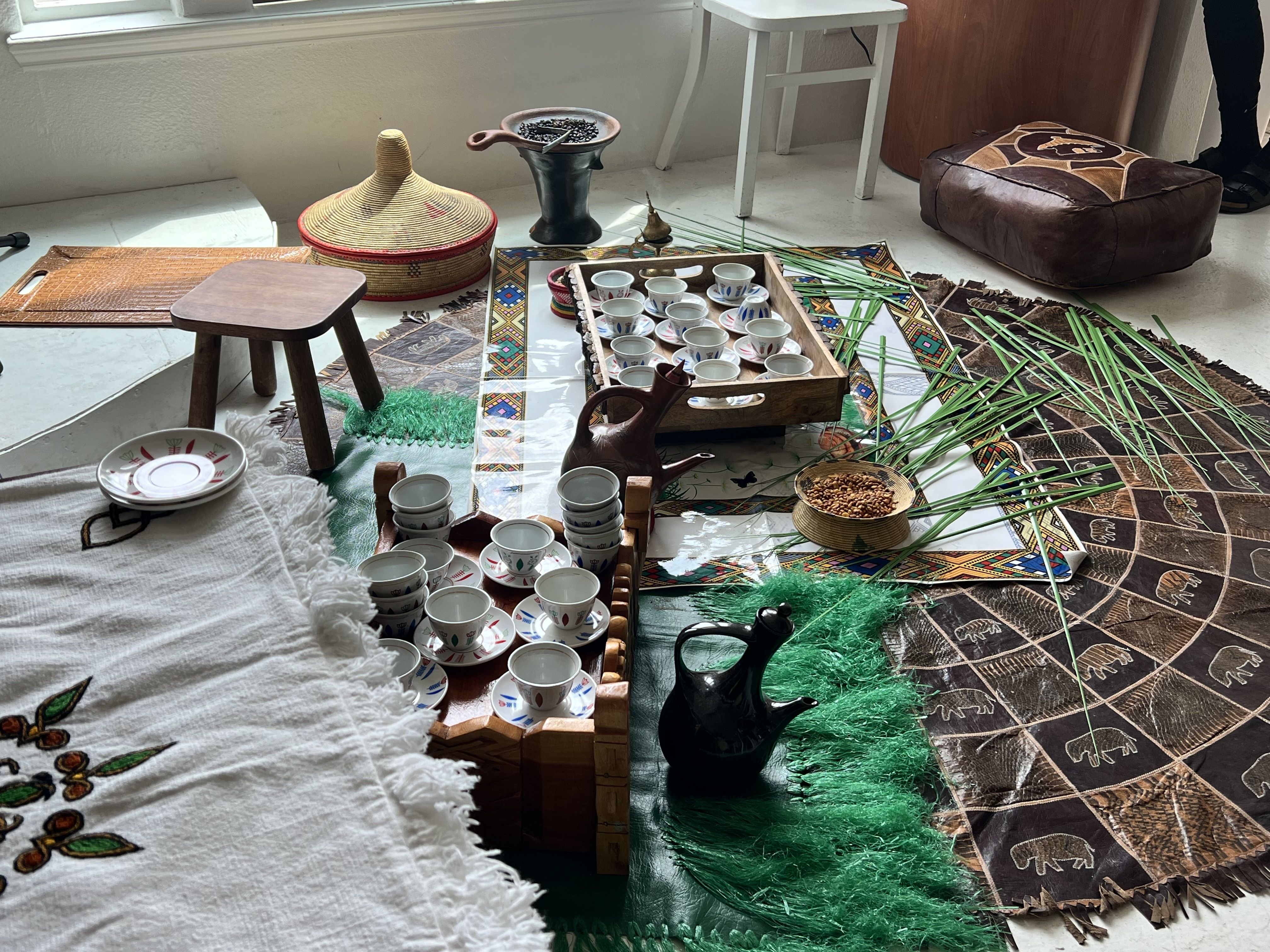 Photo of the traditional Ethiopian coffee set up 