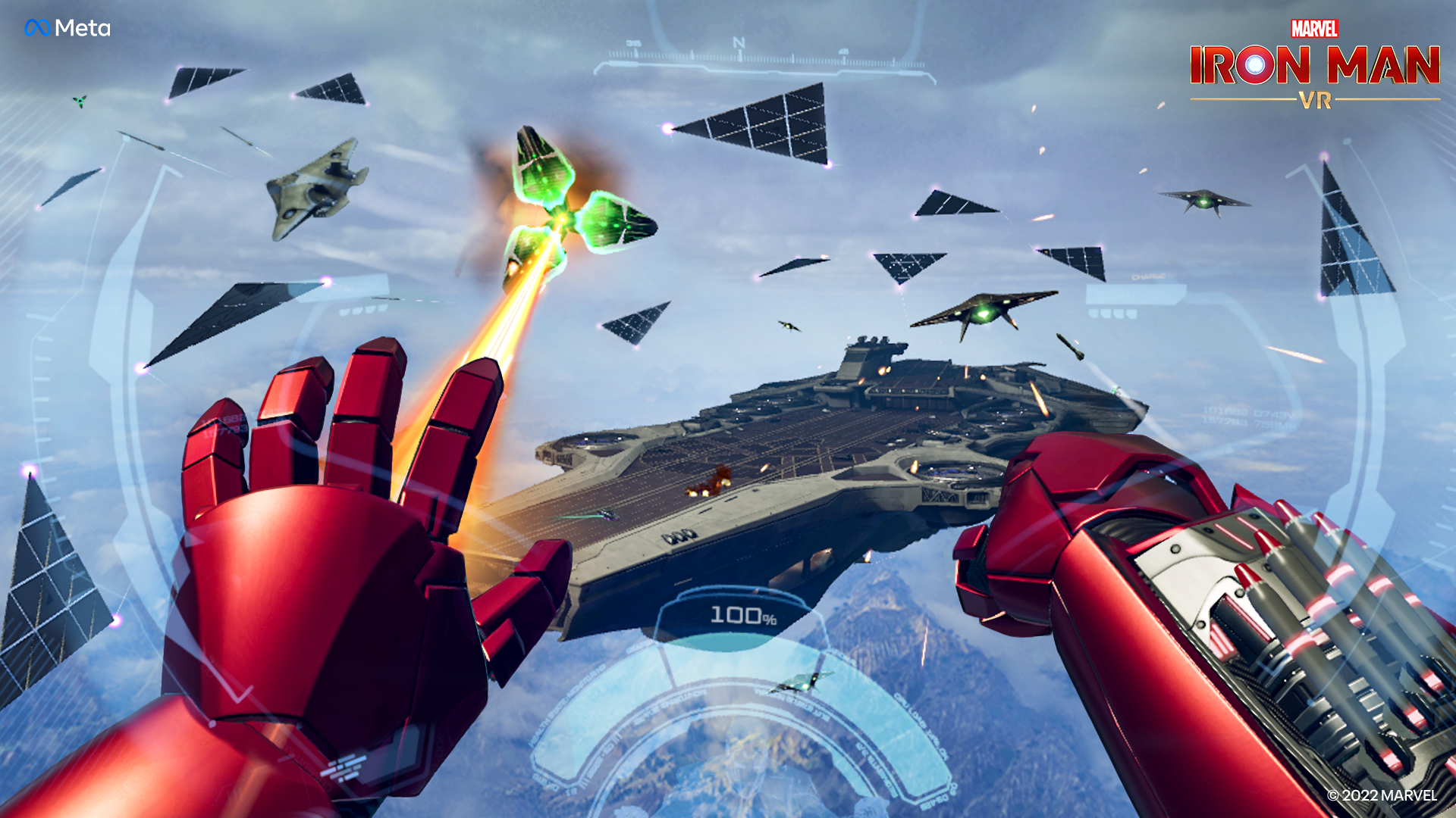 Video game screenshot of a first-person perspective of being Iron Man. Armored red hands appear on screen.