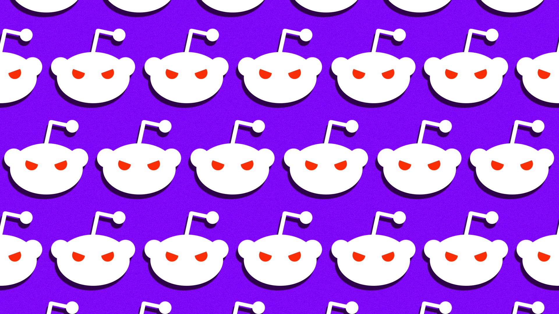 Illustration of the Reddit logo looking angry in a repeating pattern