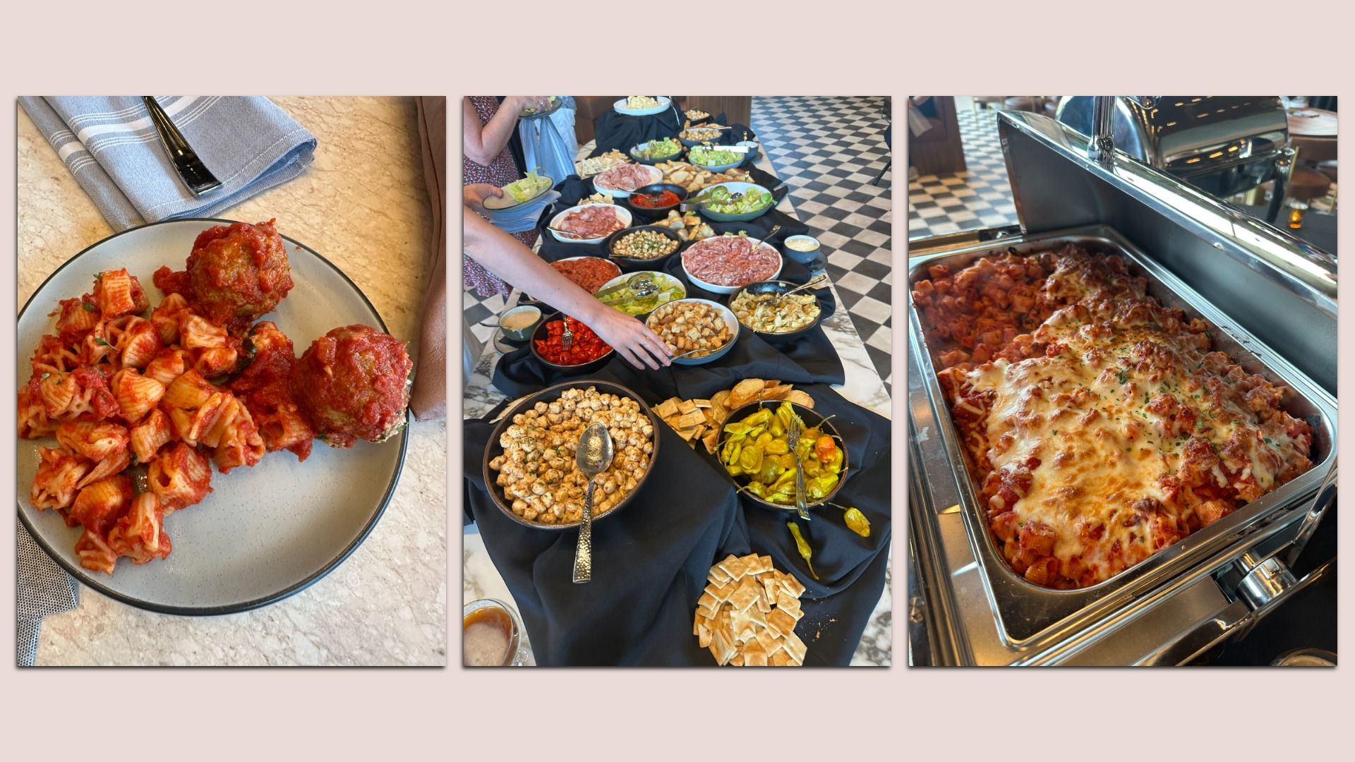 Three-panel collage: left plate of chopped marbled meat on a beige counter with a blue napkin; middle buffet with bowls of toppings and salads; right chafing dish of cheesy baked pasta.