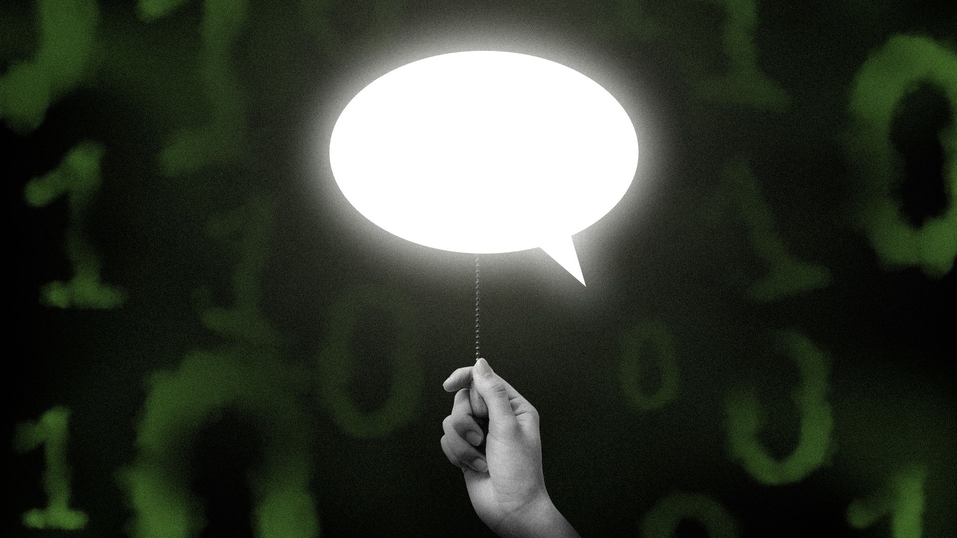 Illustration of a hand turning on a speech-bubble-shaped lightbulb with smokey green binary code on a black background