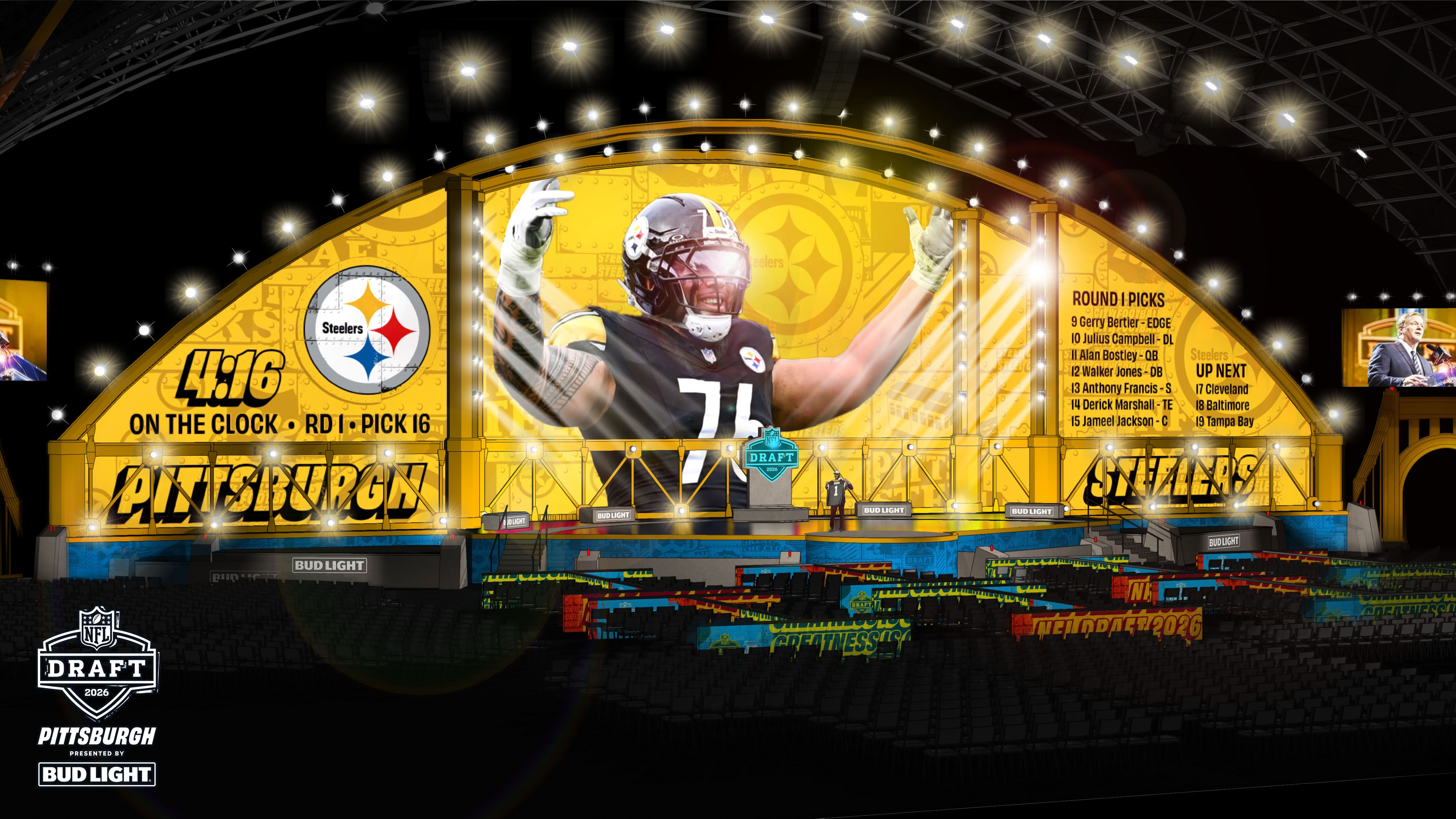 Bright yellow Pittsburgh Steelers stage at NFL Draft 2026 with large player image, clock showing 4:16 on the clock, list of round 1 picks, and Bud Light sponsorship in a dark arena.