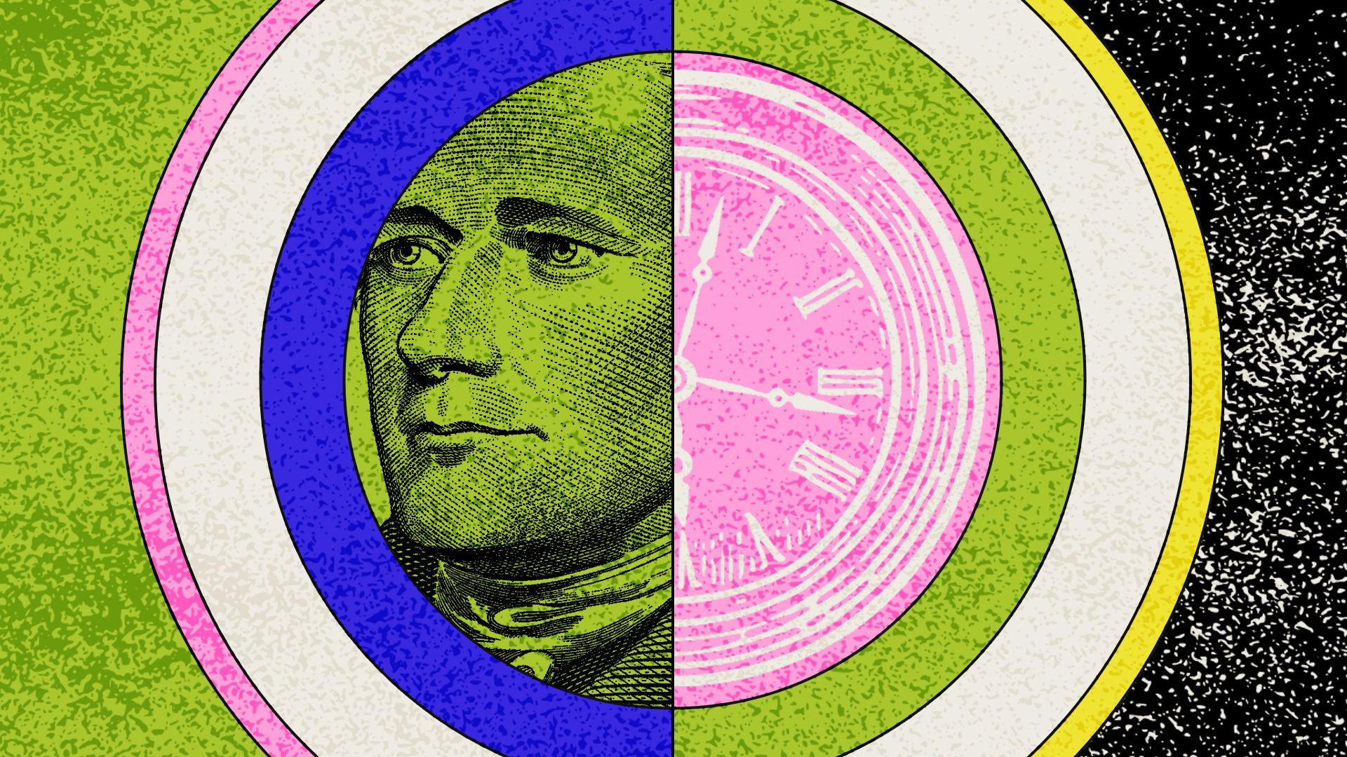 Illustration of a clock next to an image of Hamilton from the $10 bill 