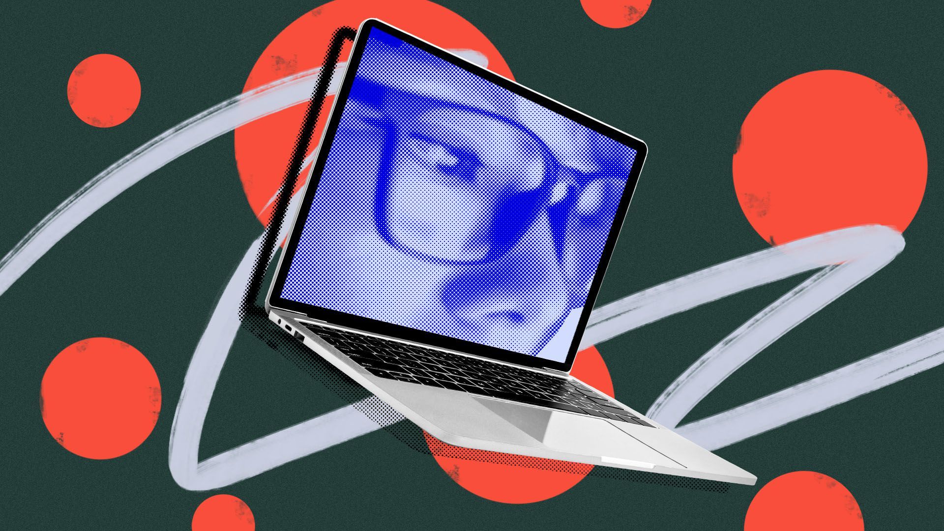 Illustration of a laptop with a woman on the screen surrounded by circles and shapes