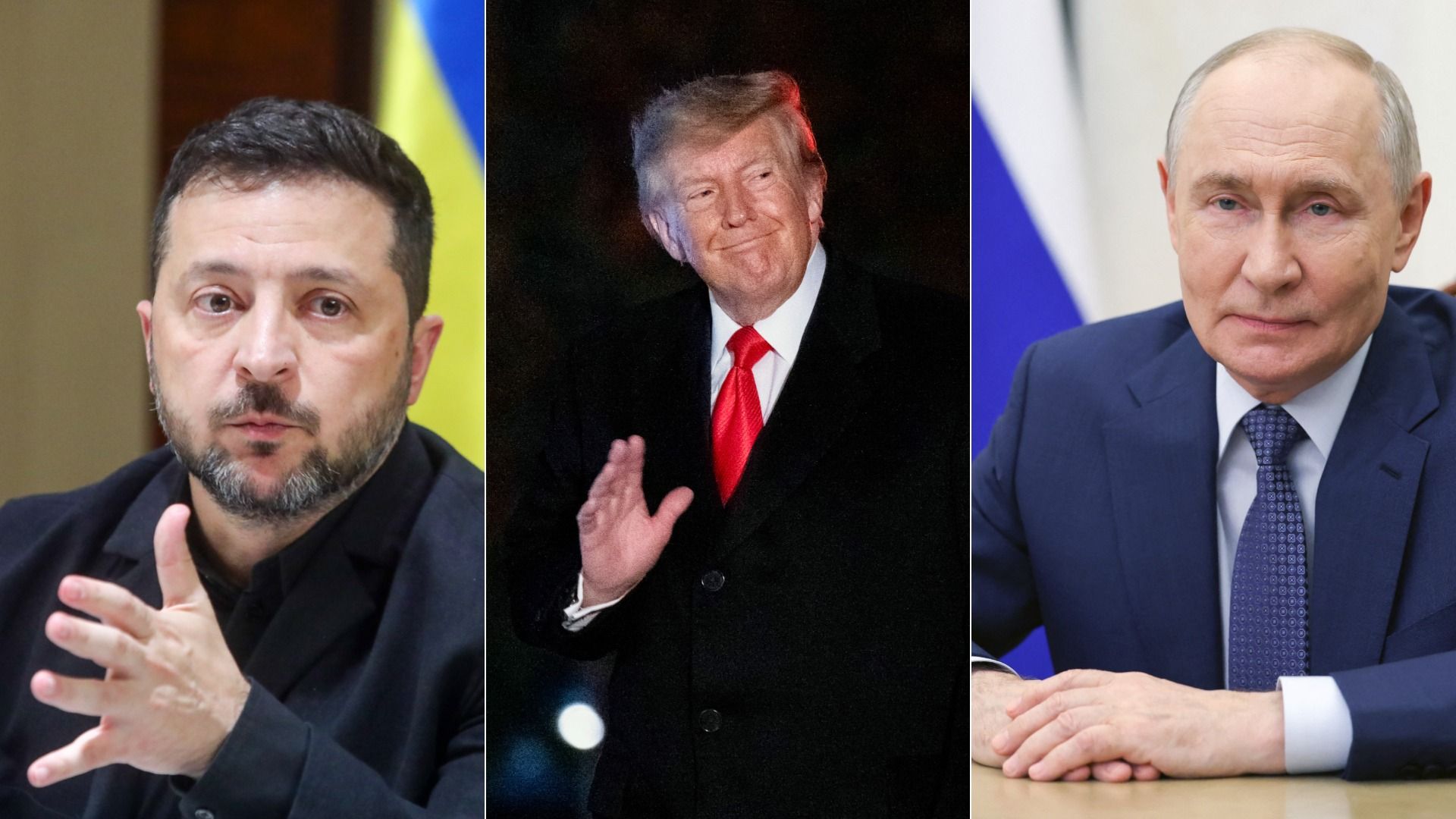 Ukrainian President Volodymyr Zelensky (left), President Trump and Russian President Vladimir Putin in separate photos.