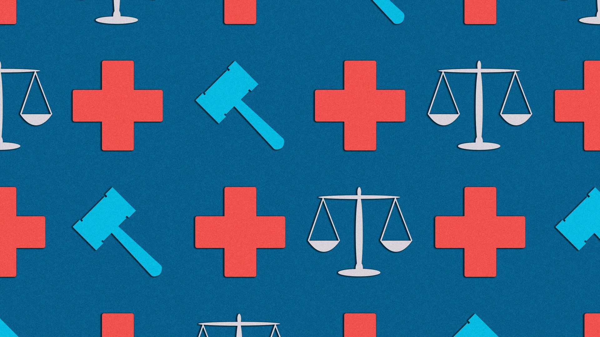 an illustration with repeating patterns of scales, gavels, and health pluses