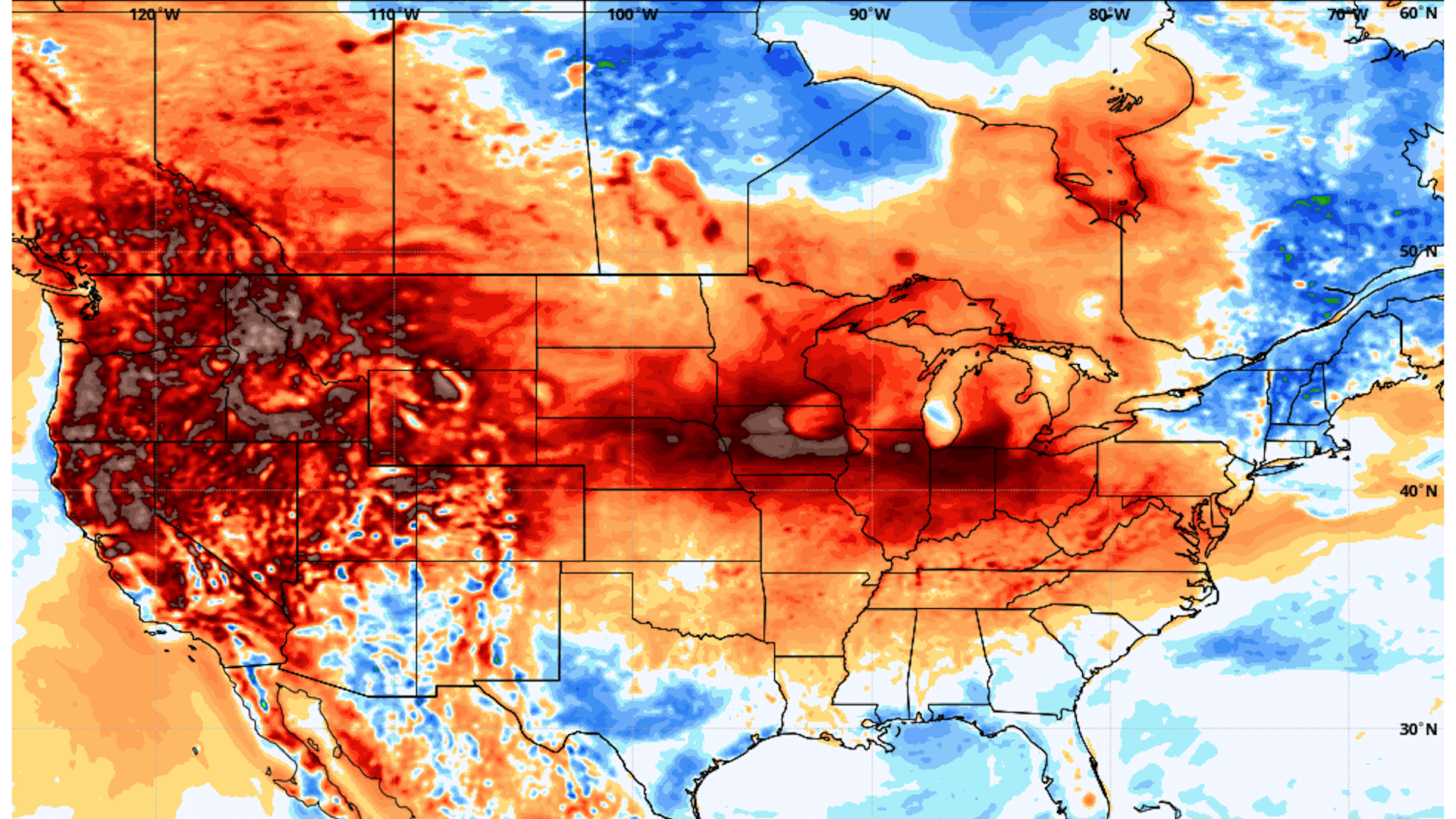 Map showing red hues covering the U.S. and parts of Canada as another heat wave hits the region.