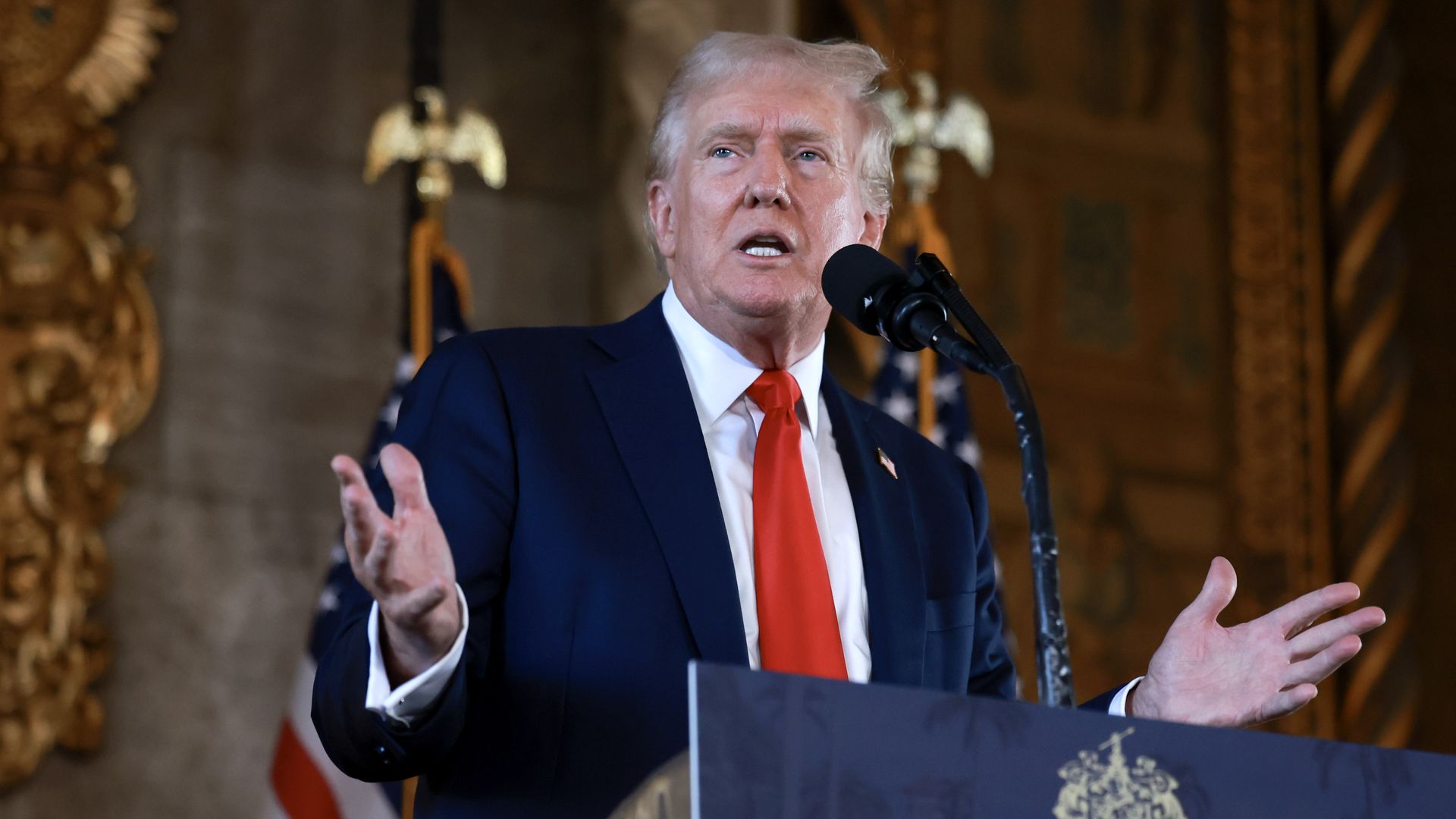 Republican presidential candidate former President Donald Trump speaks during a press conference at Mr. Trump's Mar-a-Lago estate on August 08, 2024, in Palm Beach, Florid