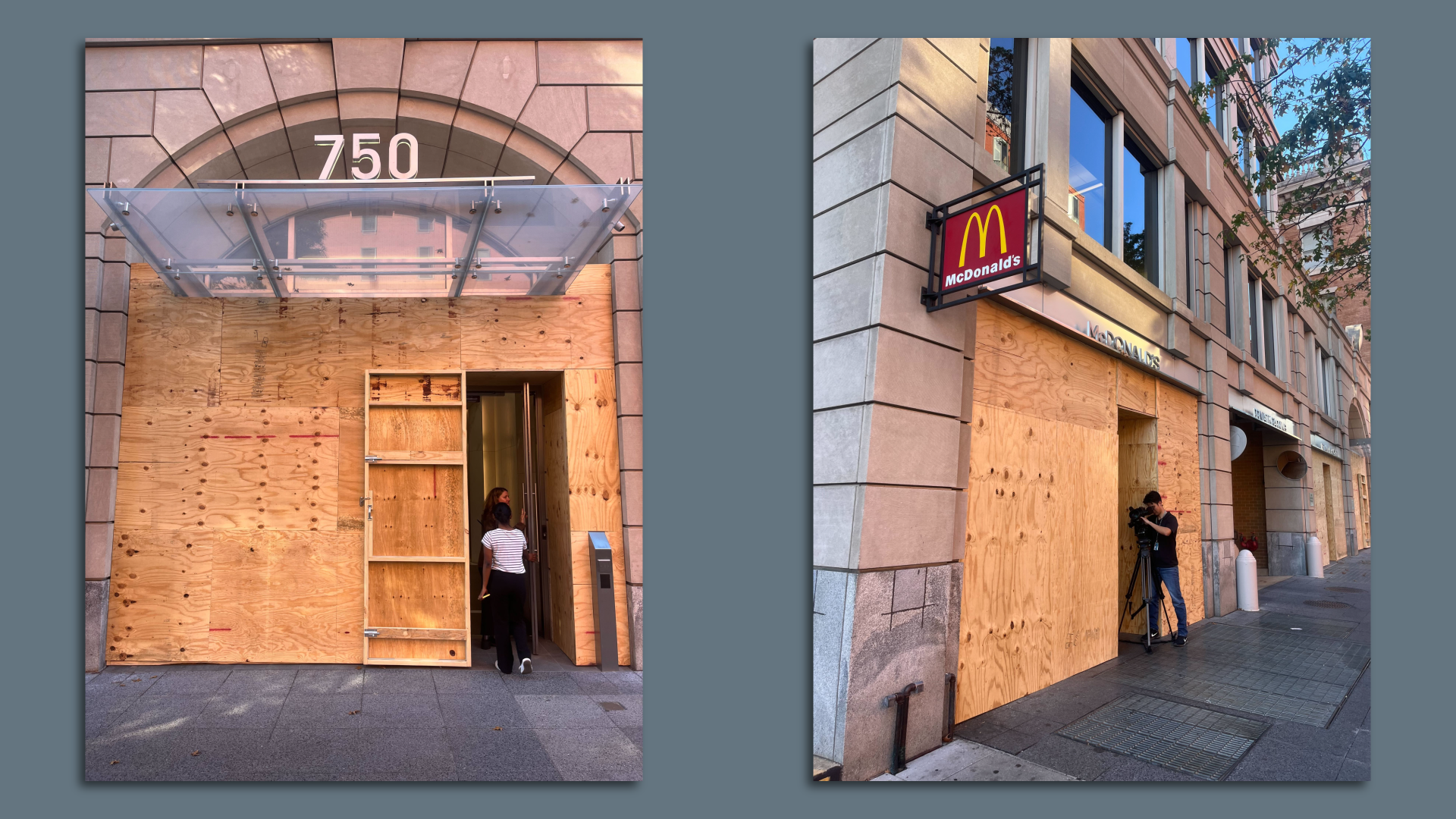 Boards at the entrance and businesses at 750 17th Street NW near the White House