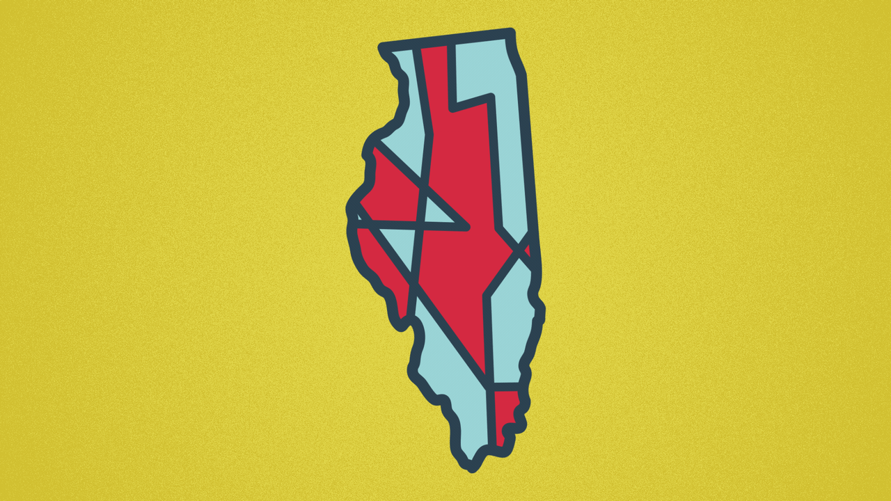 Illustration of the state of Illinois with moving districts inside it.