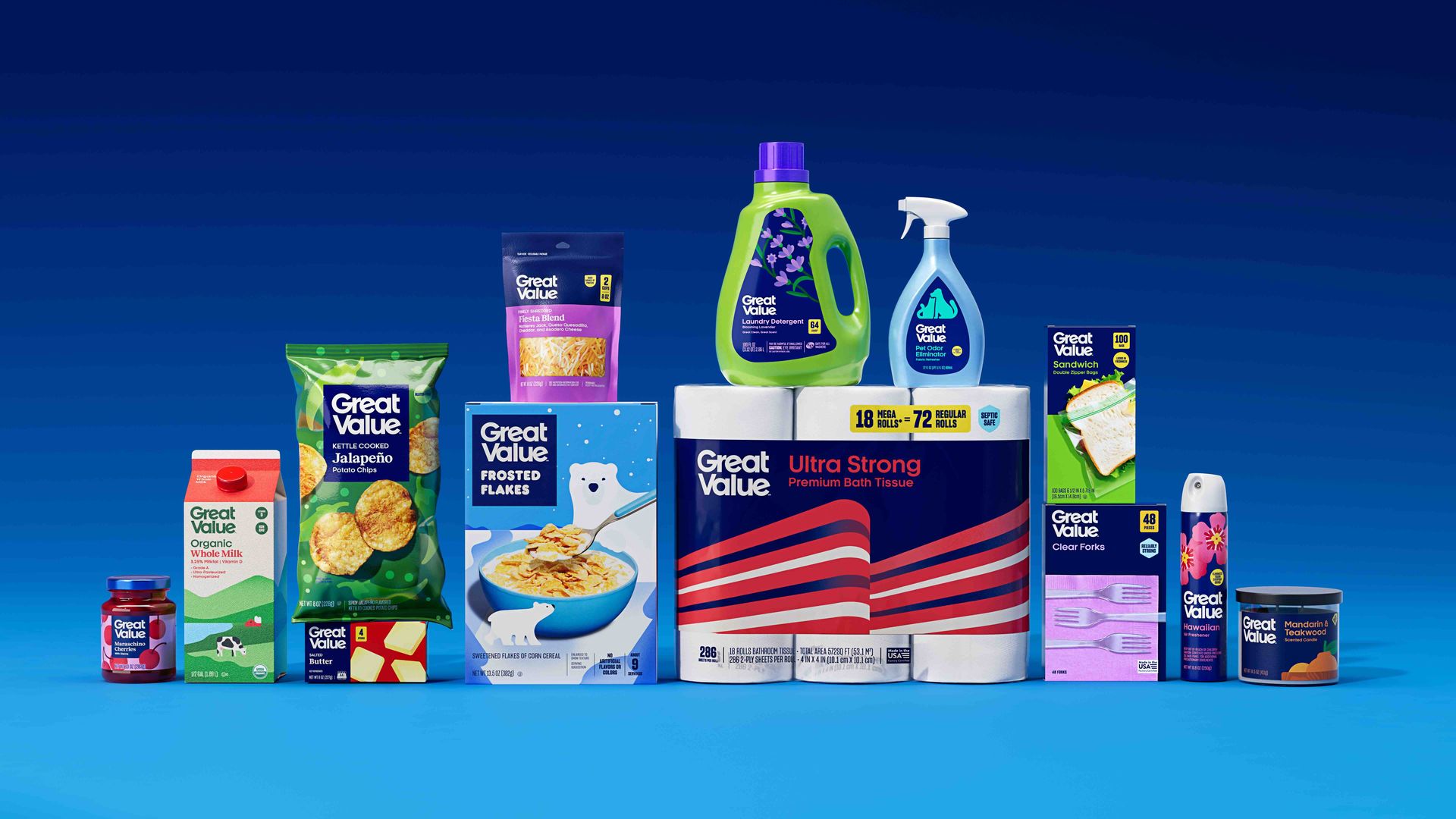 Row of Great Value products on a blue backdrop: green laundry detergent bottle with purple cap, a spray bottle, cereal box, chips bag, milk carton, jam jar, and bath tissue.