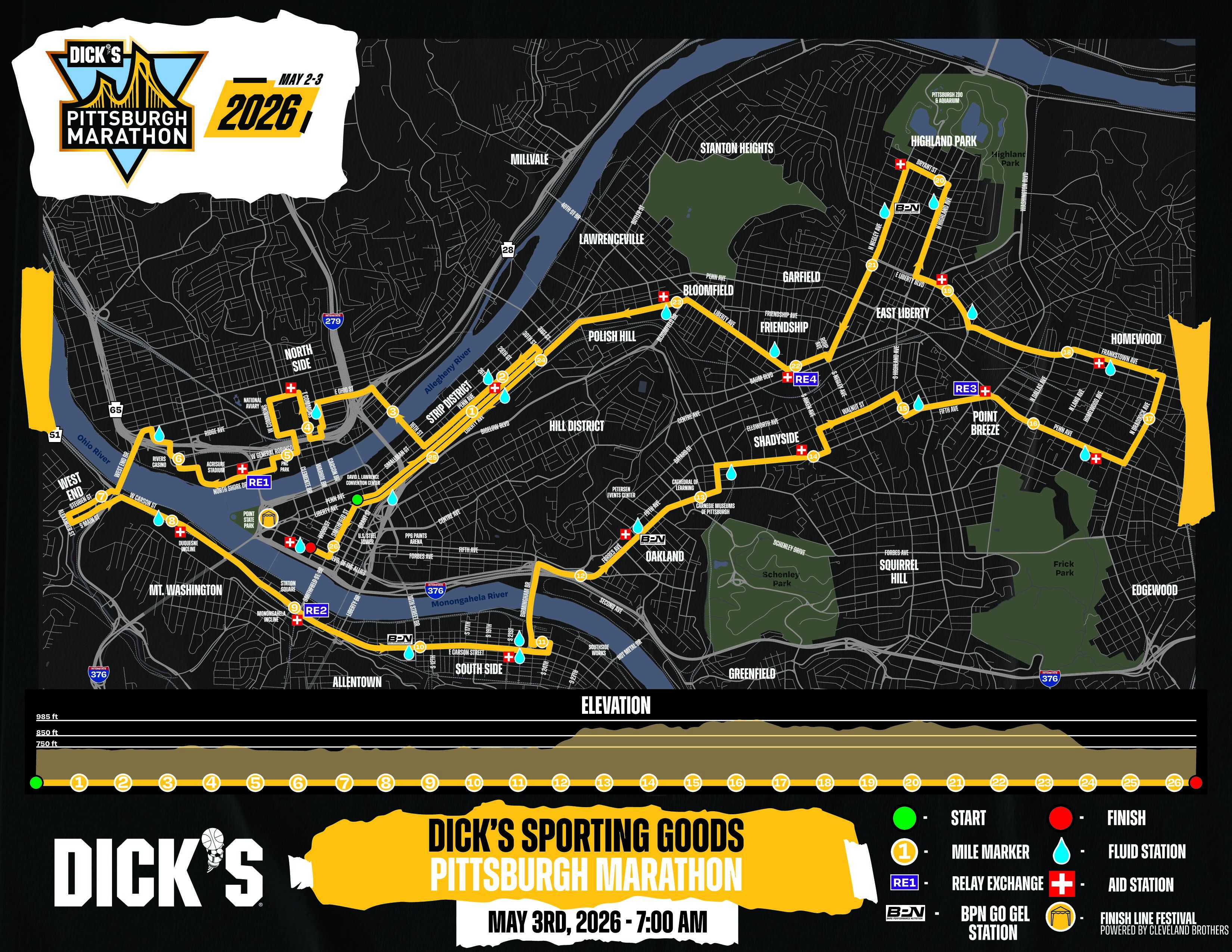 Map poster for the Dick's Sporting Goods Pittsburgh Marathon 2026. Yellow race route winds through Pittsburgh along the river, with blue water, green parks, start/finish markers, and logos.