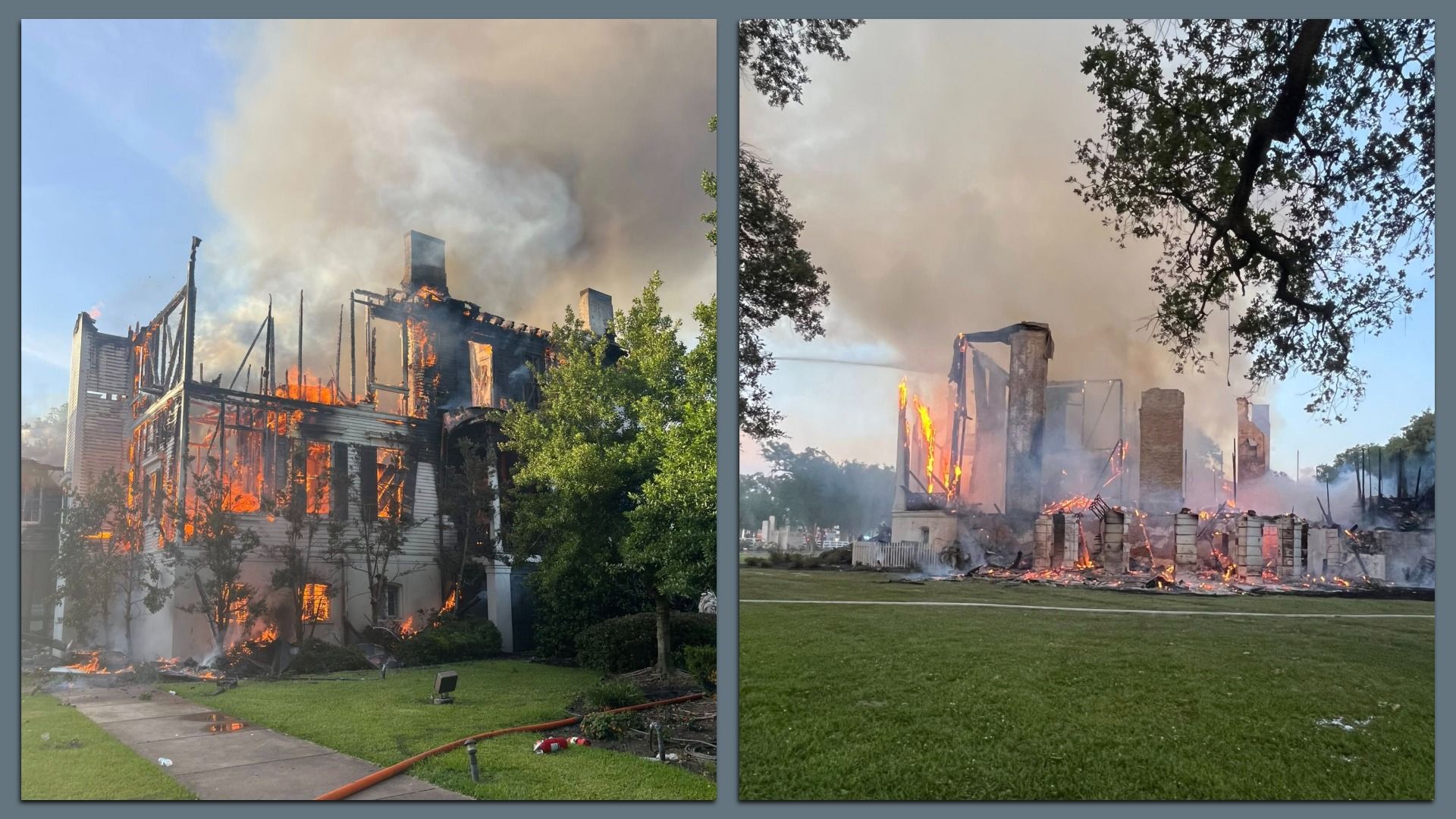 Two side-by-side images of a mansion on fire.