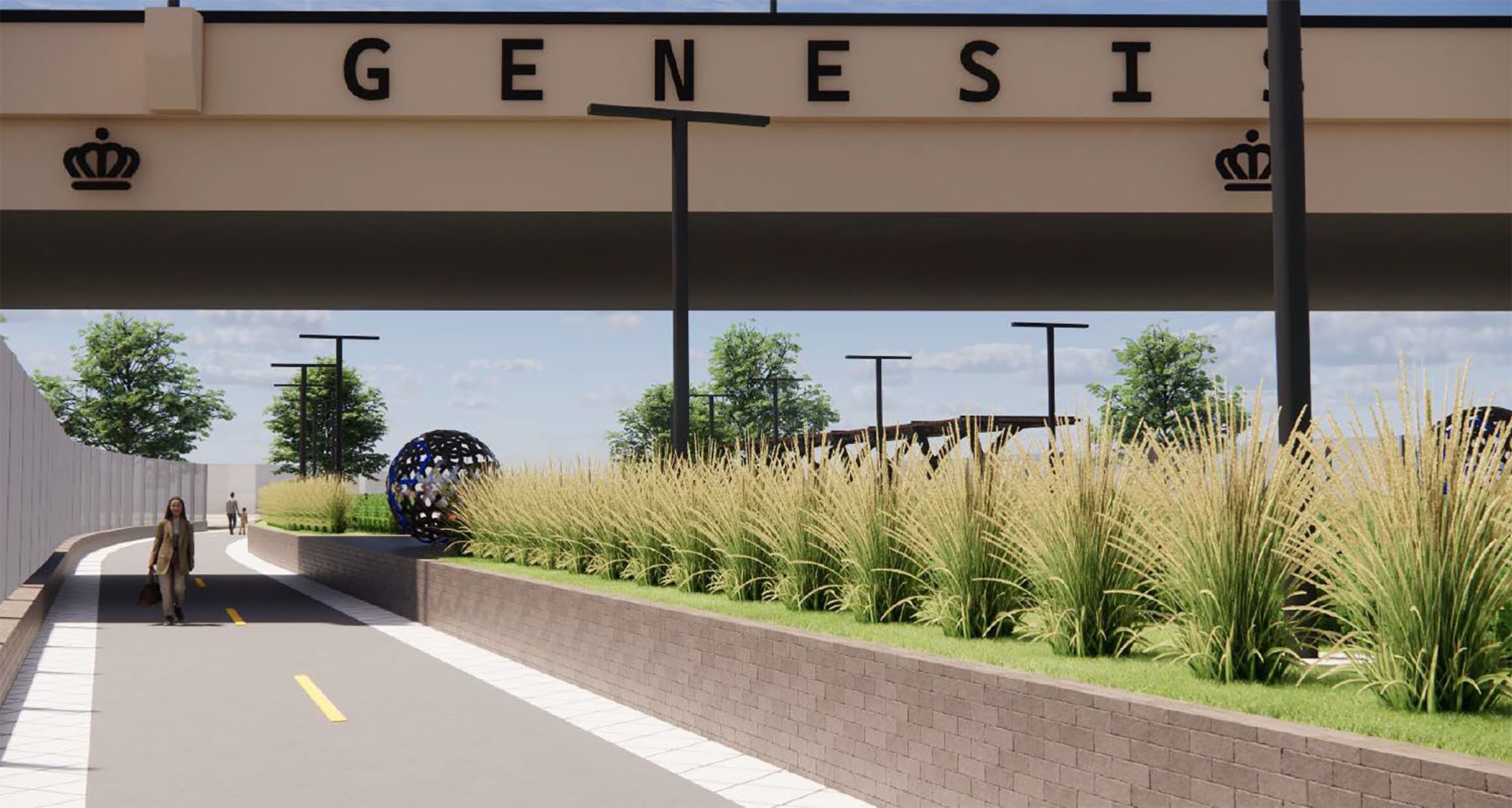 Beige elevated structure with large black letters spelling GENESIS and crown icons; below, a pedestrian path with a woman walking, tall grasses, trees, and a blue spherical sculpture.