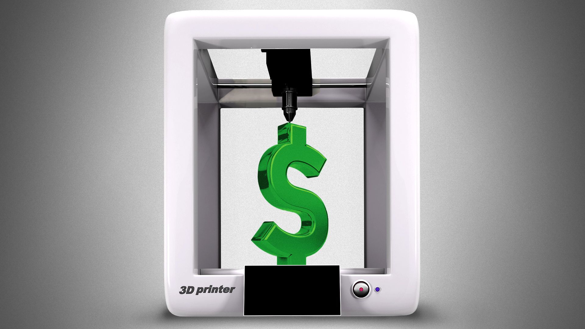 Illustration of a three dimensional dollar bill sign being printed by a 3D printer