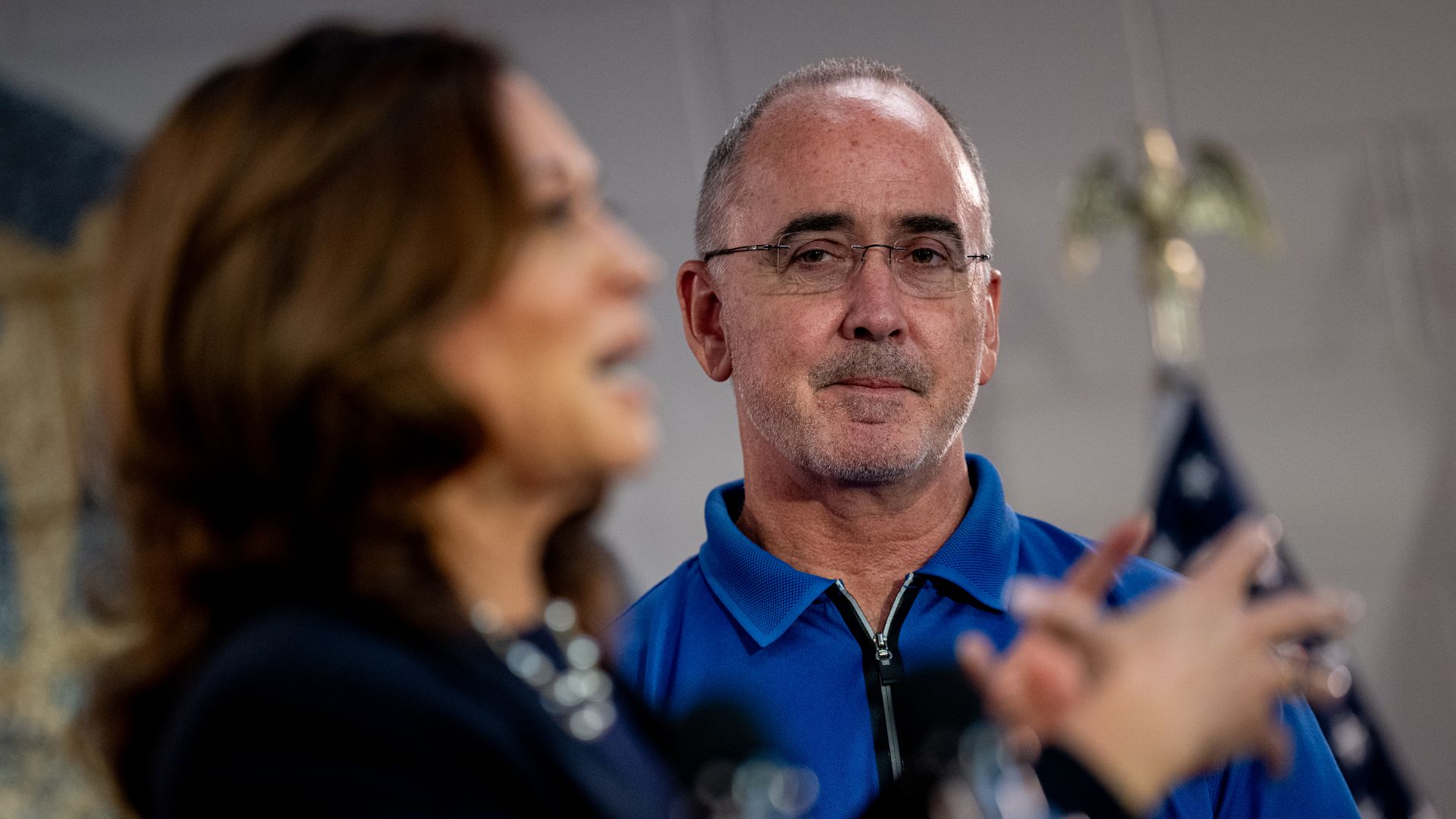 UAW president Shawn Fain at a campaign event for Vice President Kamala Harris' 2024 bid.