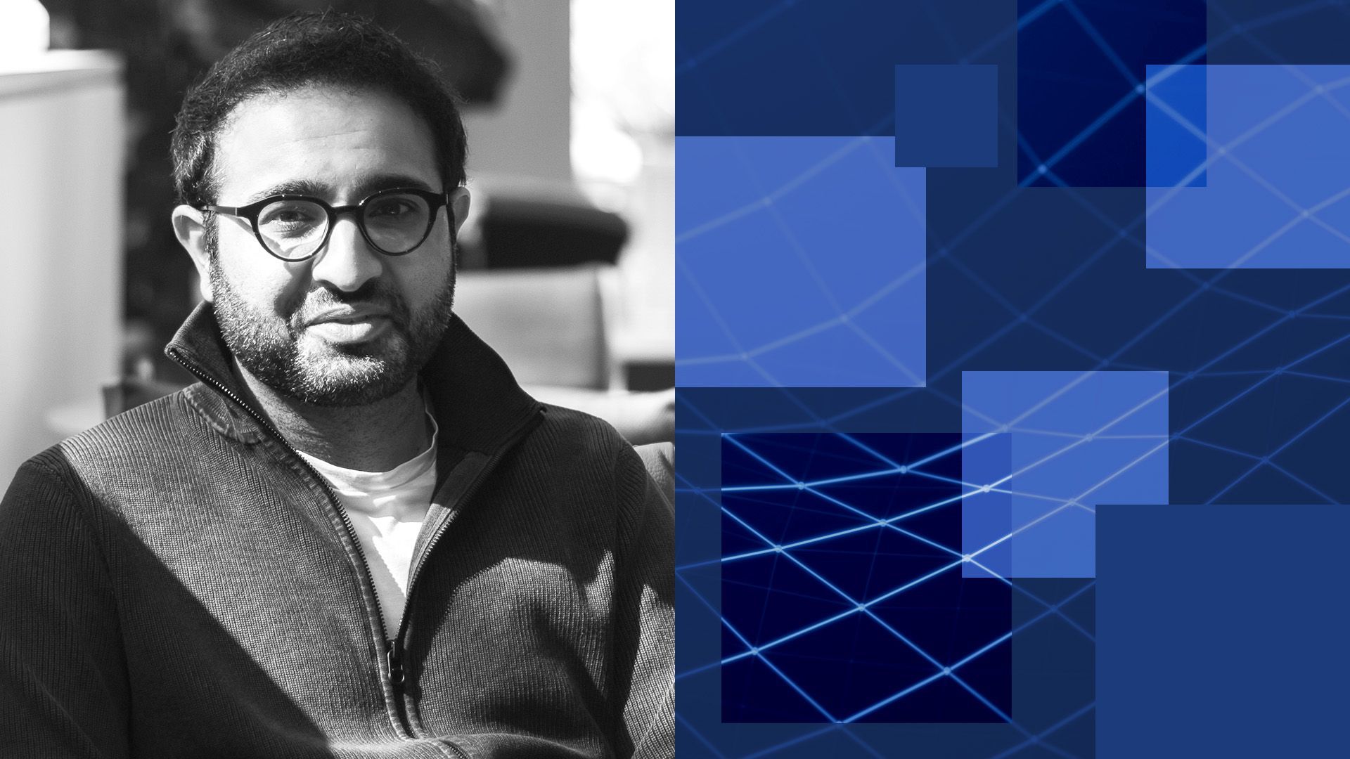 portrait of Devin Kohli of outward vc surrounded by digital lines and squares