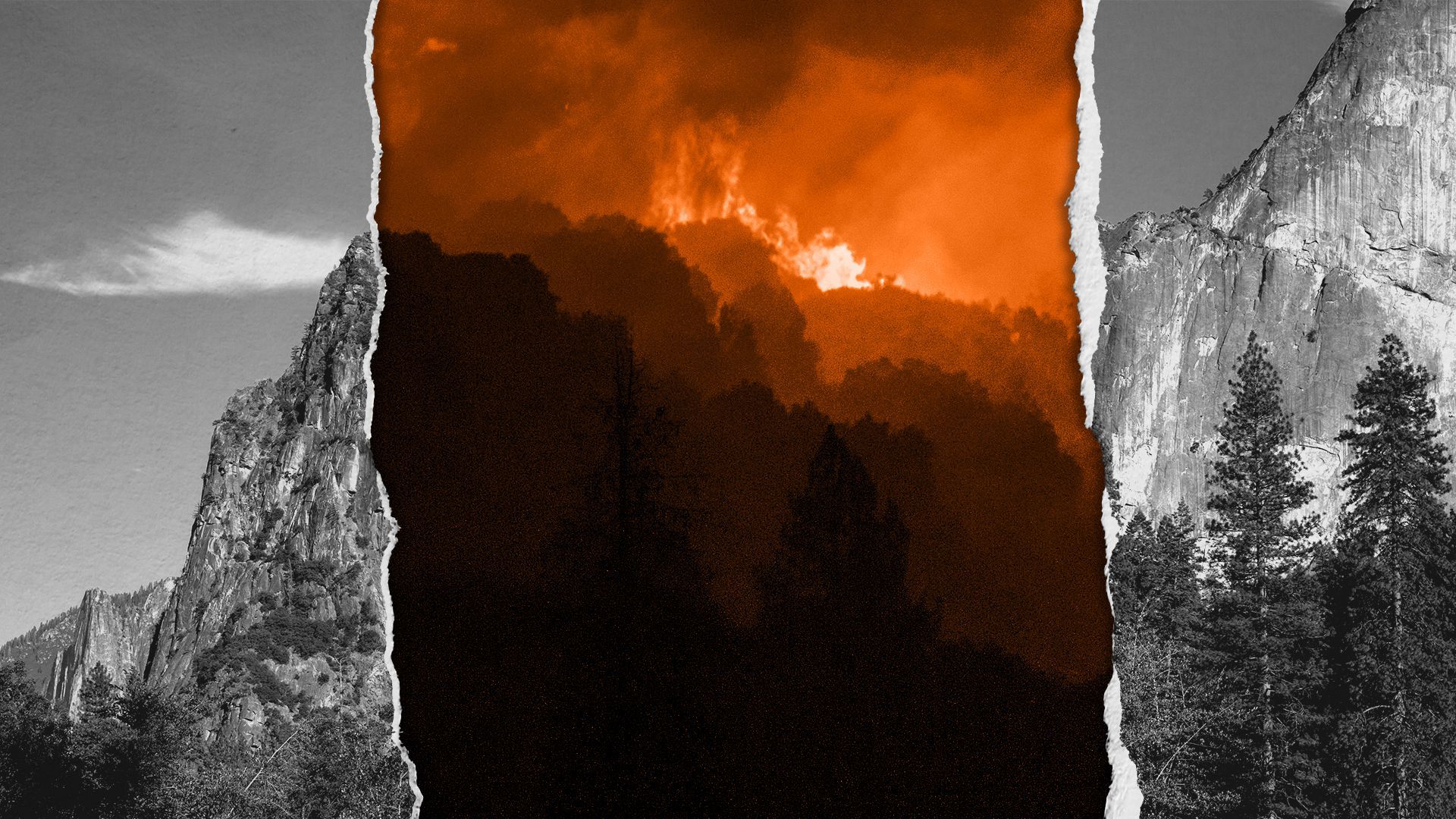 Photo illustration of a mountain range being interrupted by a tear revealing a wildfire raging in a forest. 
