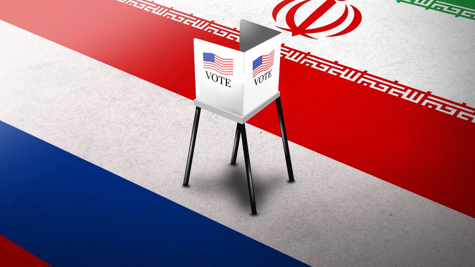 Illustration of a voting booth in the middle of a Russian and Iranian flag