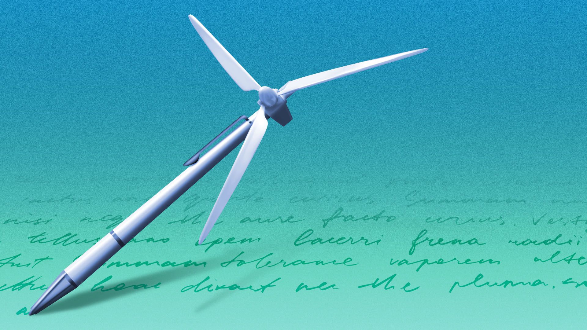 An illustration of a silver pen with wind turbine blades attached where the cap would be, set against a blue-green background with cursive handwritten text.