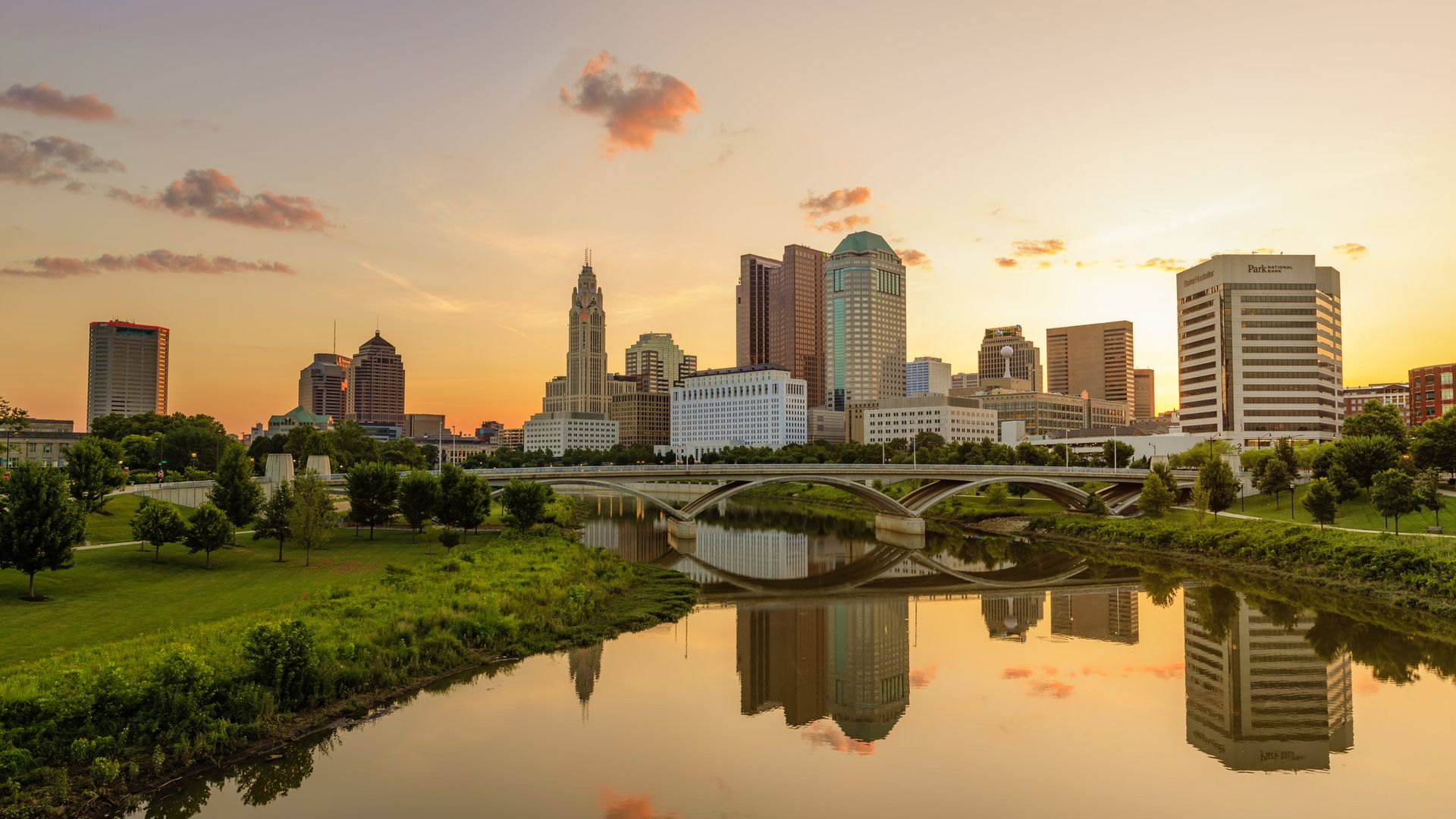 The skyline of Columbus at sunrise. 