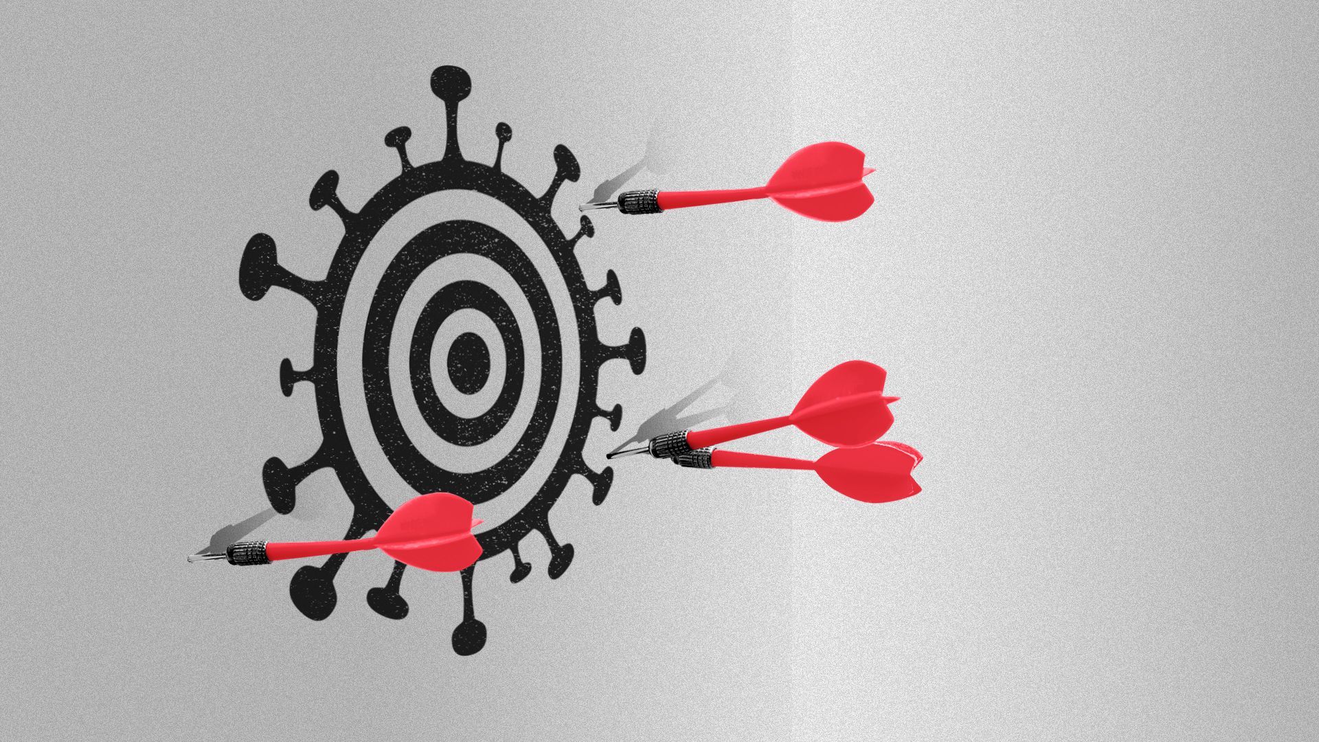 Illustration of a target in the shape of a virus cell with darts scattered around the target, having missed it. 