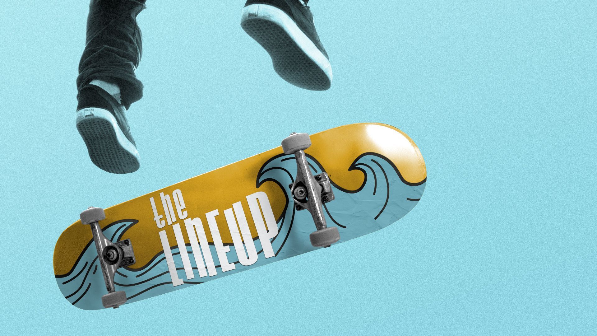 Illustration of a skateboarder doing a kickflip revealing "The Lineup" and wave designs on the bottom of the skateboard.