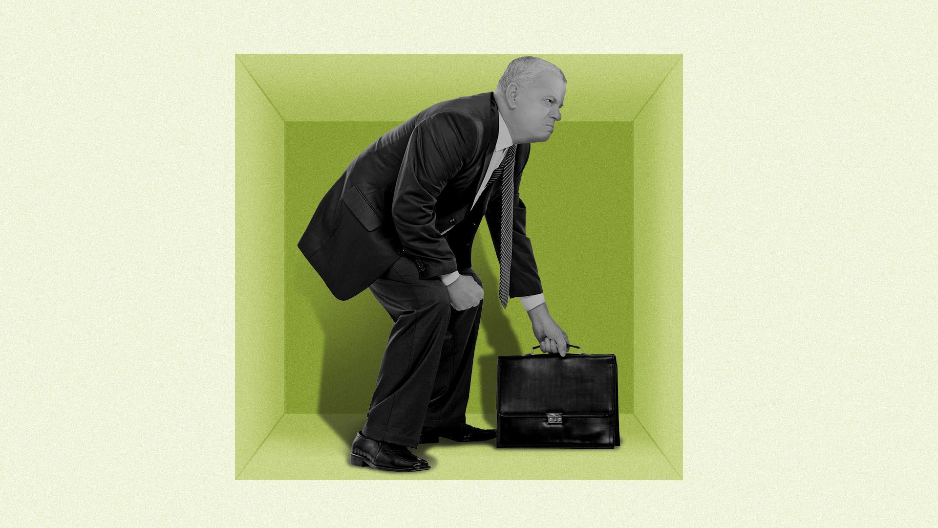 Illustration of a man in a business suit crouching in a confined space