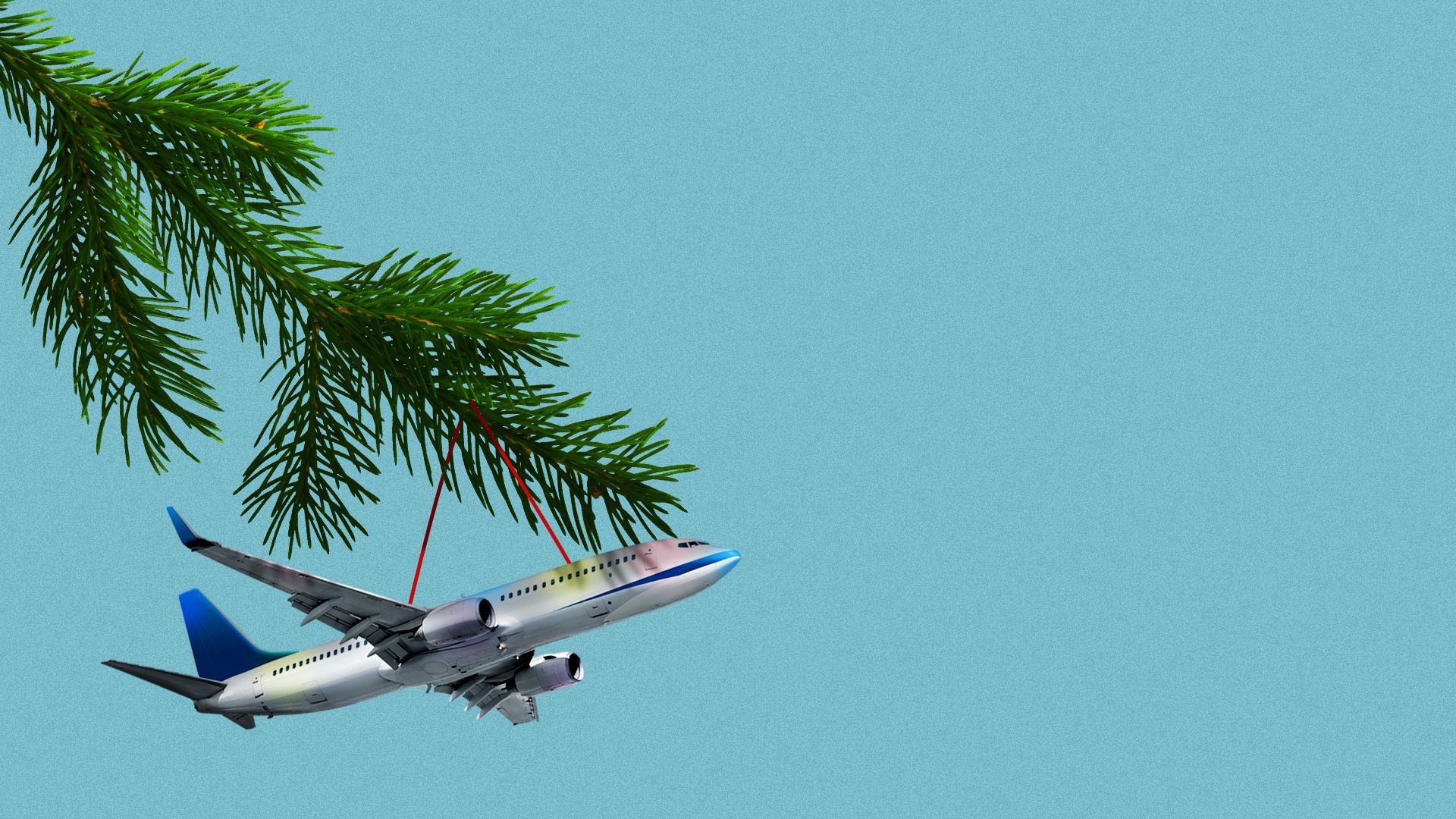 Illustration of a plane as a small ornament hanging from a tree
