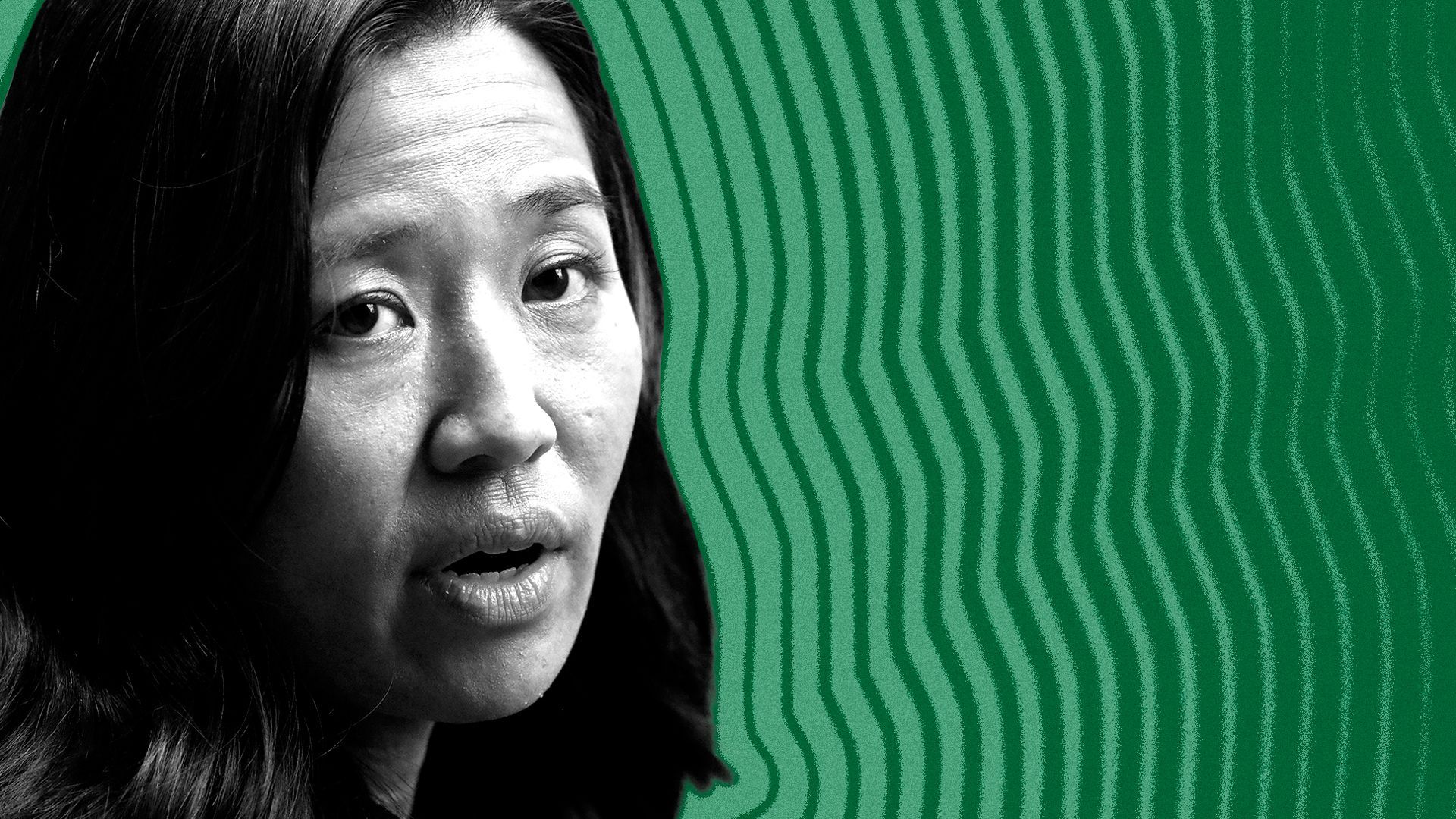 Photo illustration of Boston Mayor Michelle Wu with lines radiating from her.