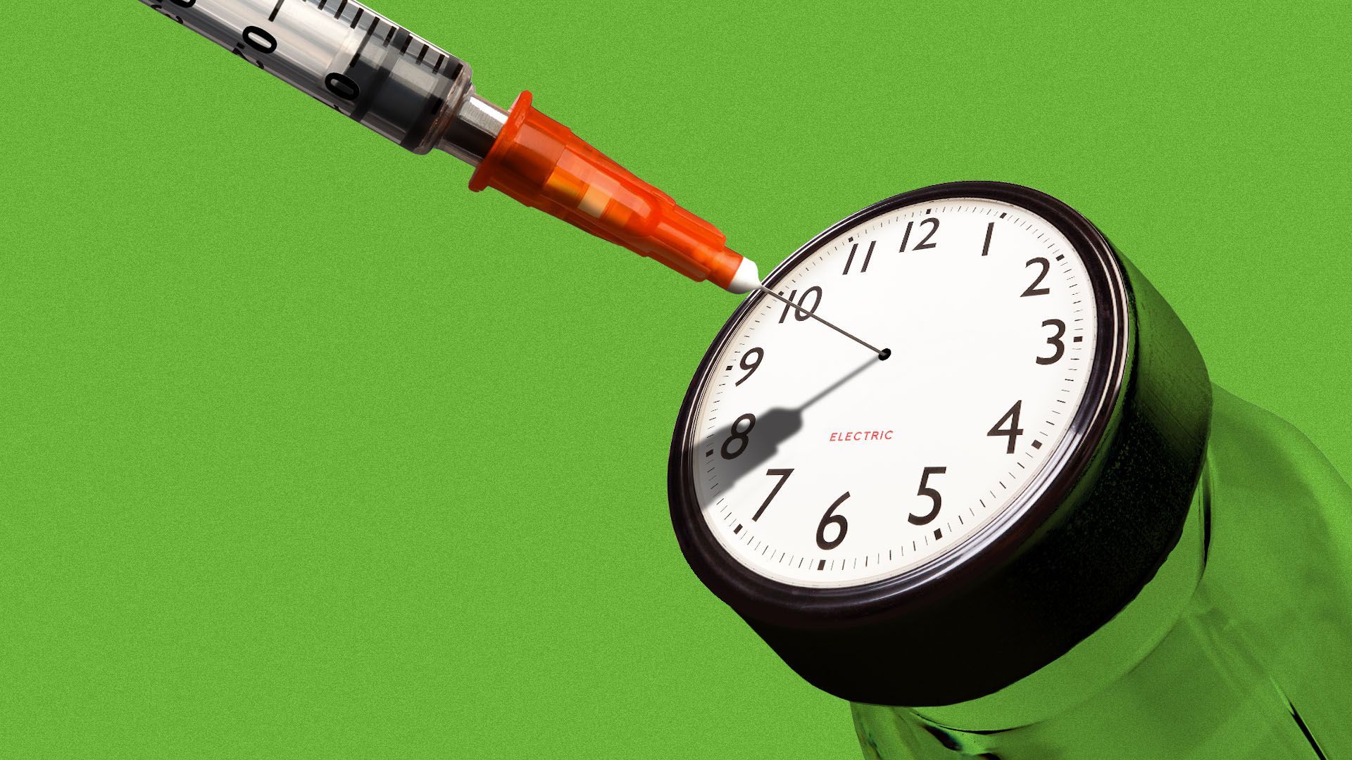 Illustration of a syringe in a bottle of insulin with a clock face cap
