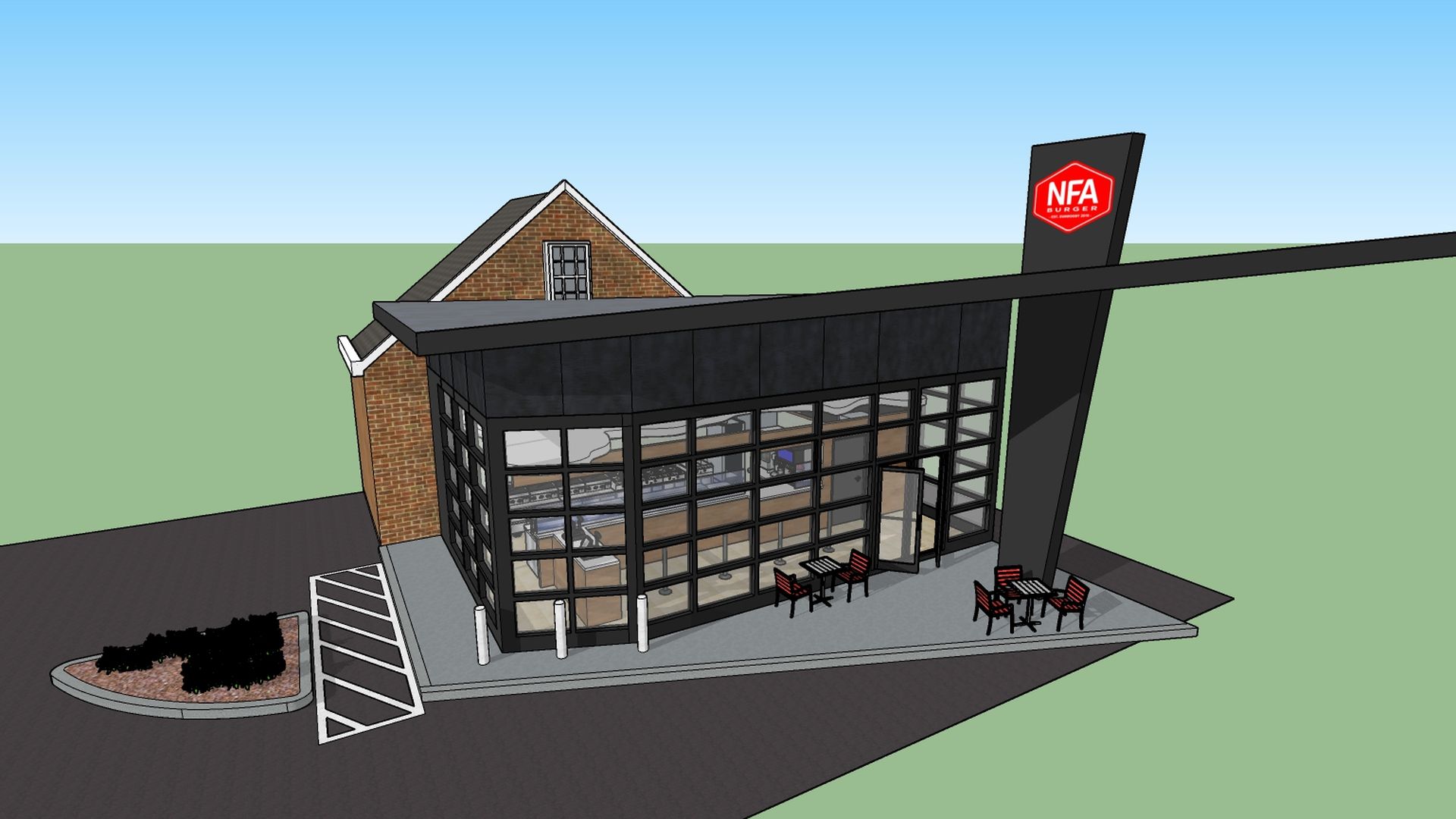 A rendering of a restaurant space with a large wall of windows and overhang for patio seating.