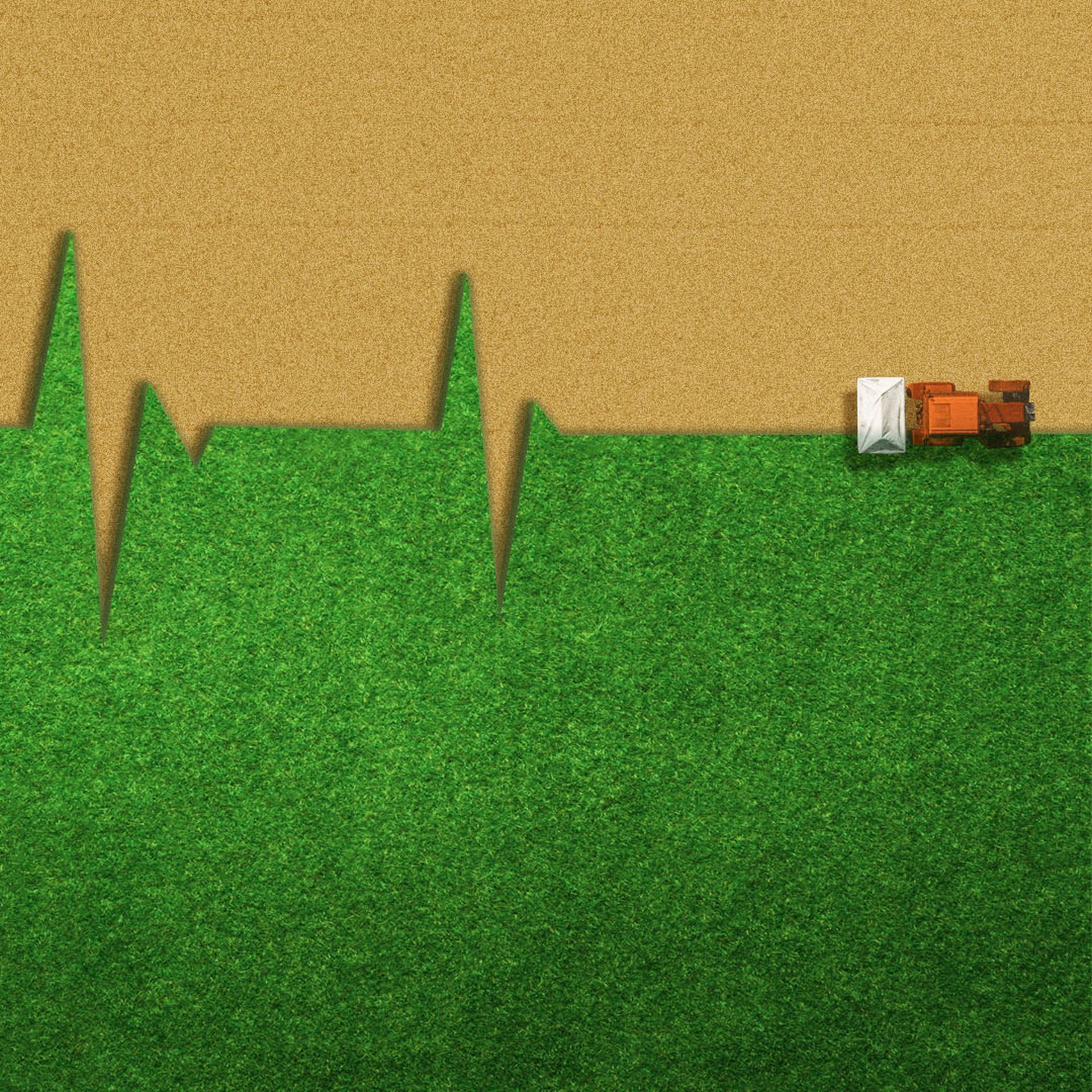 Illustration of a tractor plowing a field in the shape of a heart monitor that is petering out