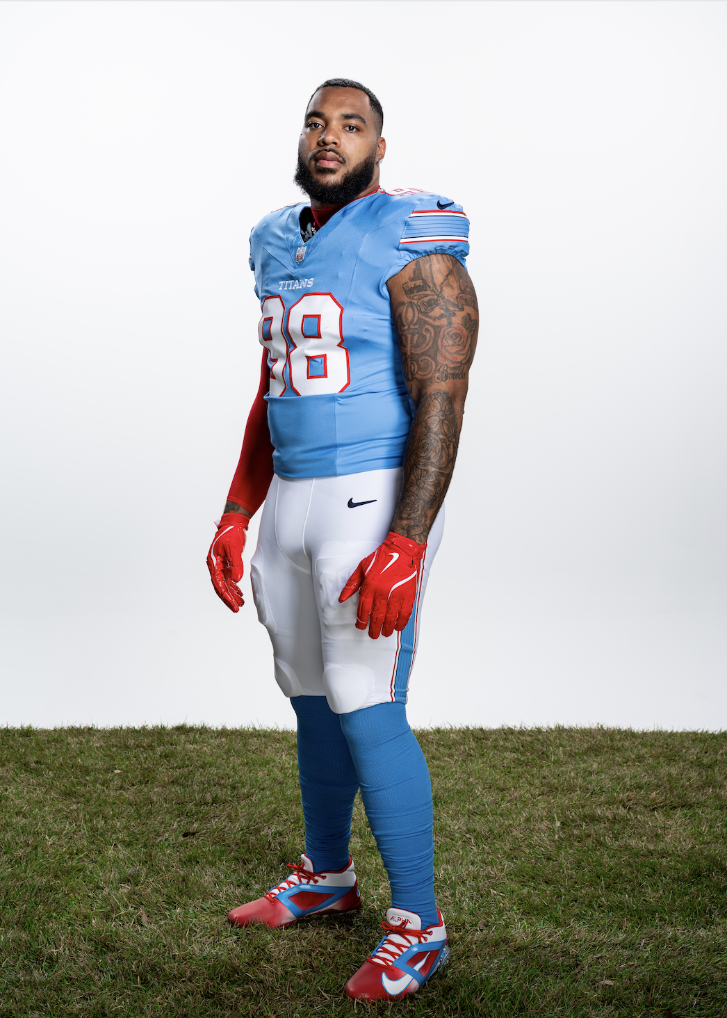 Photo of the new Titans jersey in light blue with white pants.