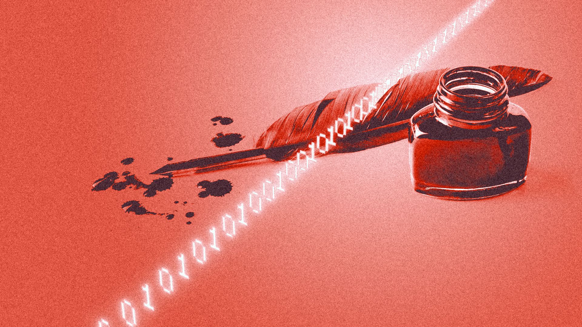 Illustration of a feather quill and inkpot. A row of glowing binary code is pushing through the feather, and drops of ink are next to the quill's point.