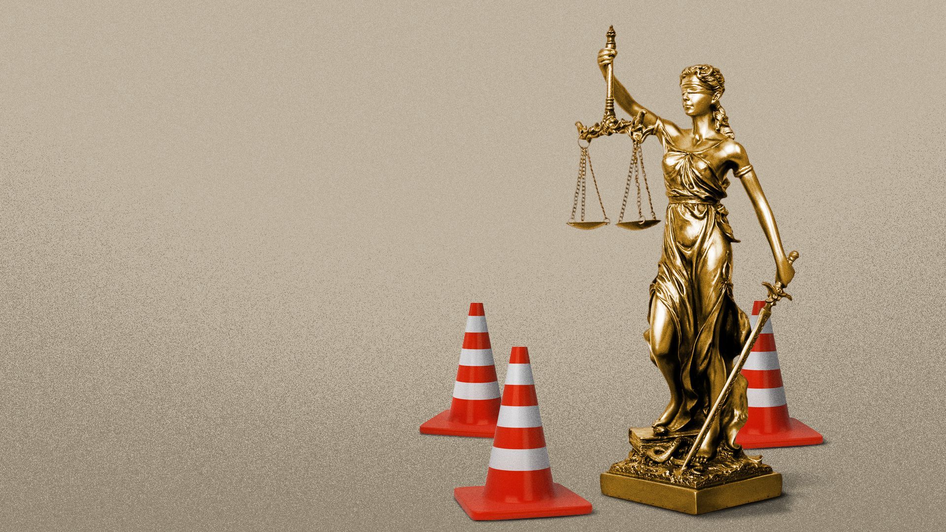 Illustration of traffic cones surrounding a statue of Lady Justice. 