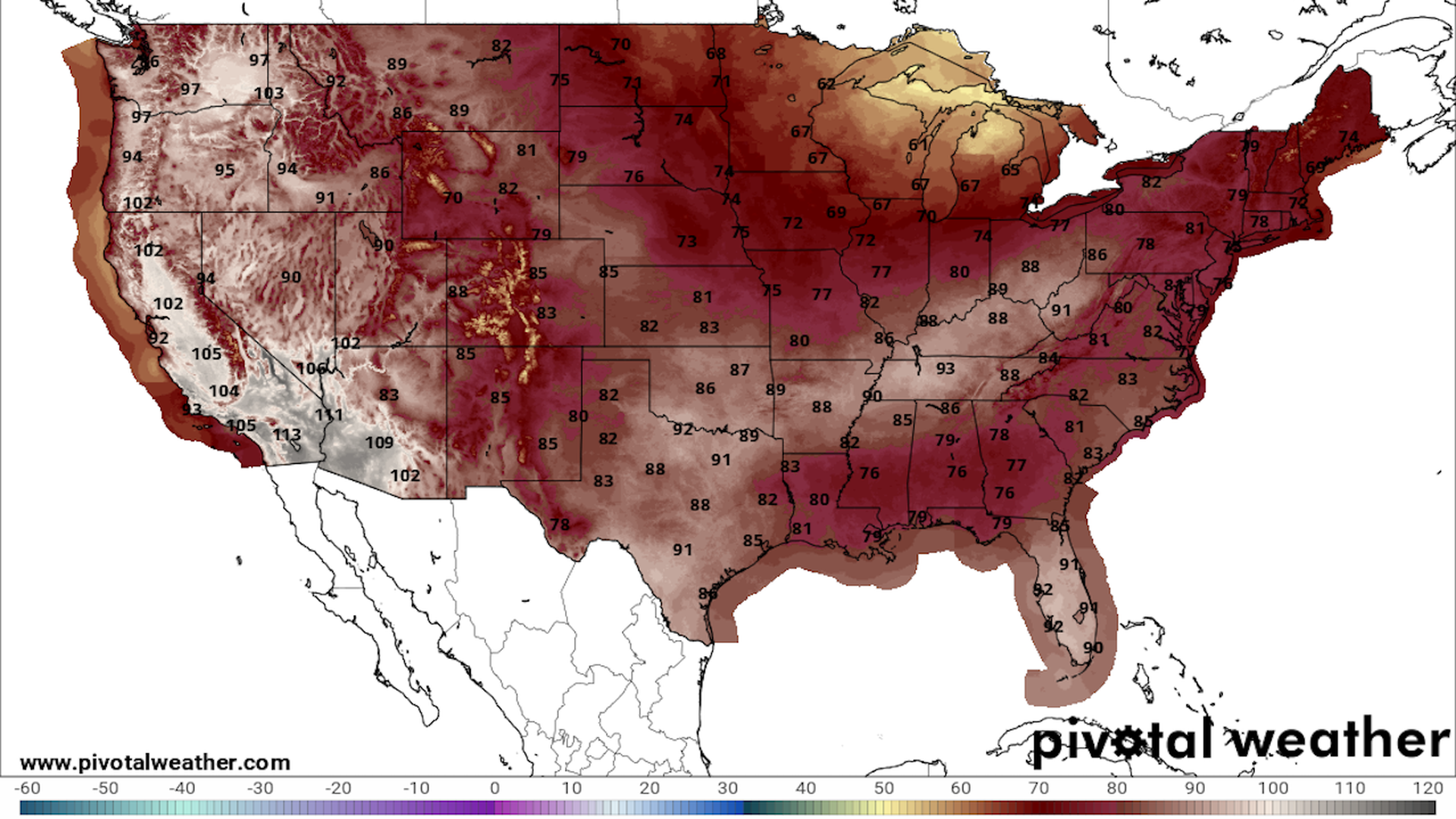Map showing forecast high temperatures across the U.S. on Friday Sept. 6. 