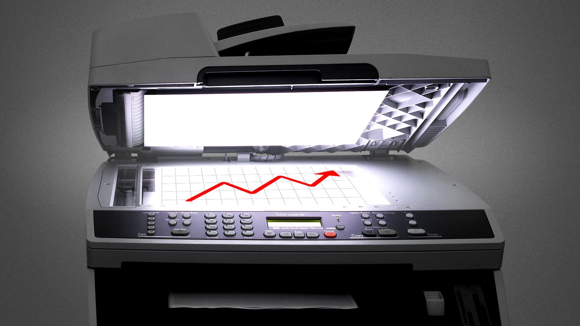 Illustration of an upward pointing trend line on the bed of a copy machine.