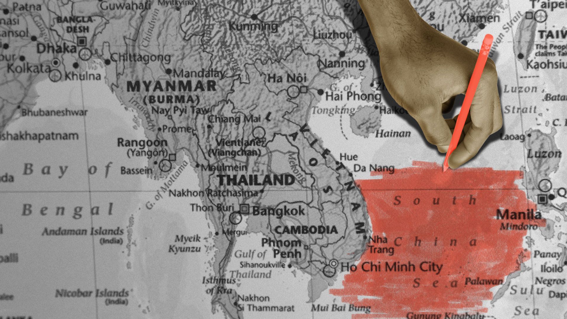 An illustration of a hand coloring the China sea red.