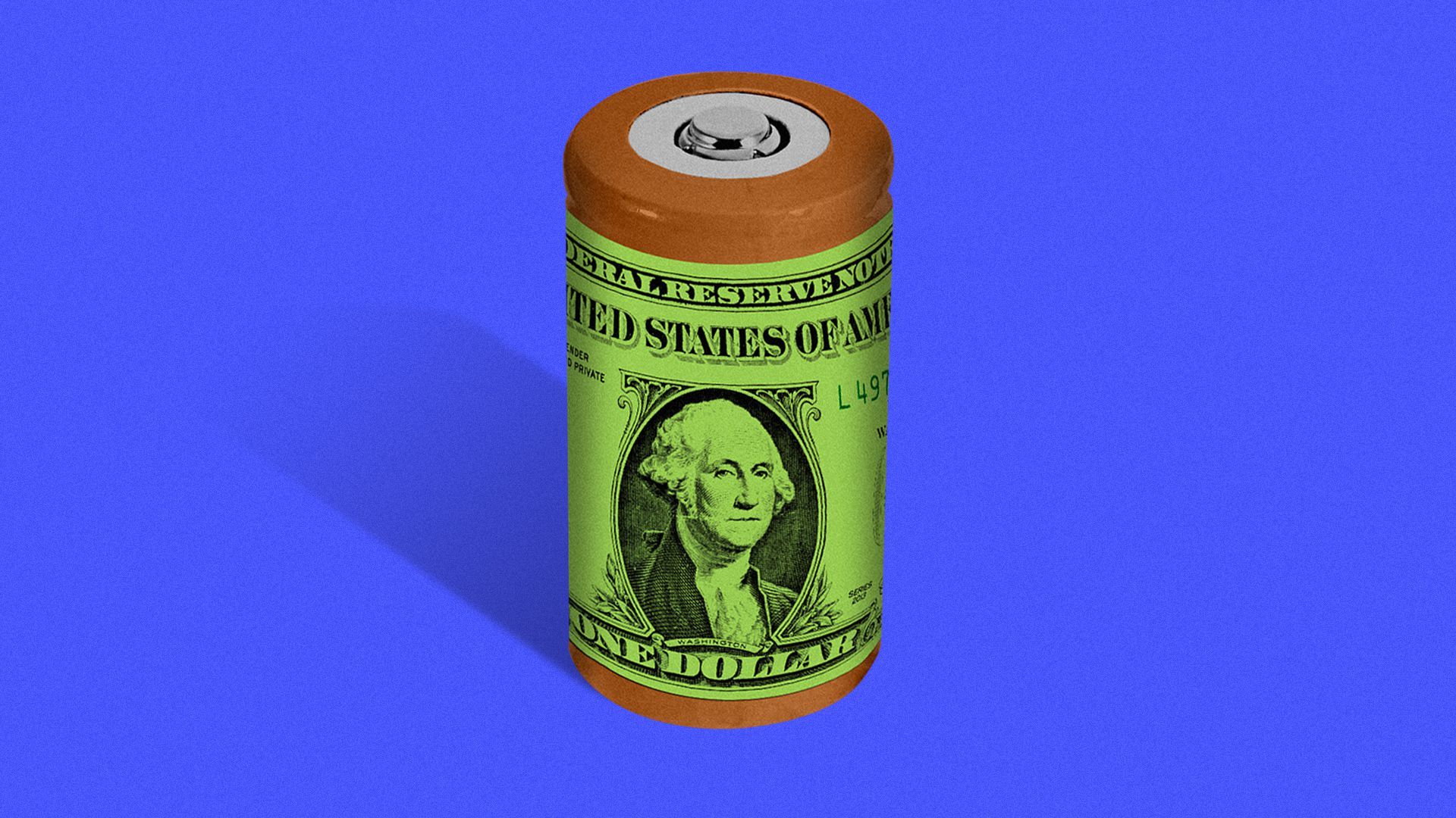 Illustration of a battery with a dollar bill wrapped around it. 