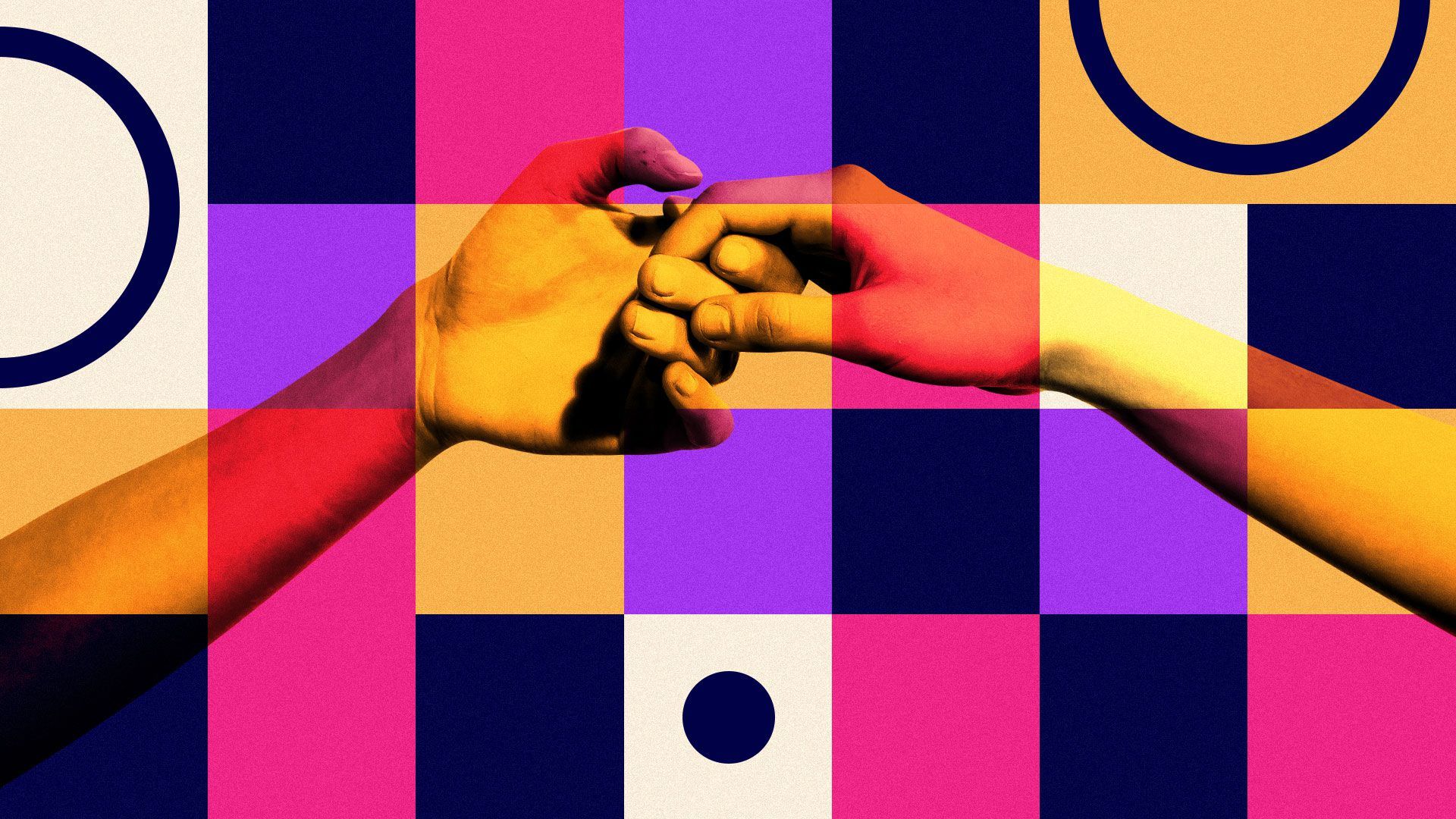 Illustration of holding hands with a grid background and circles