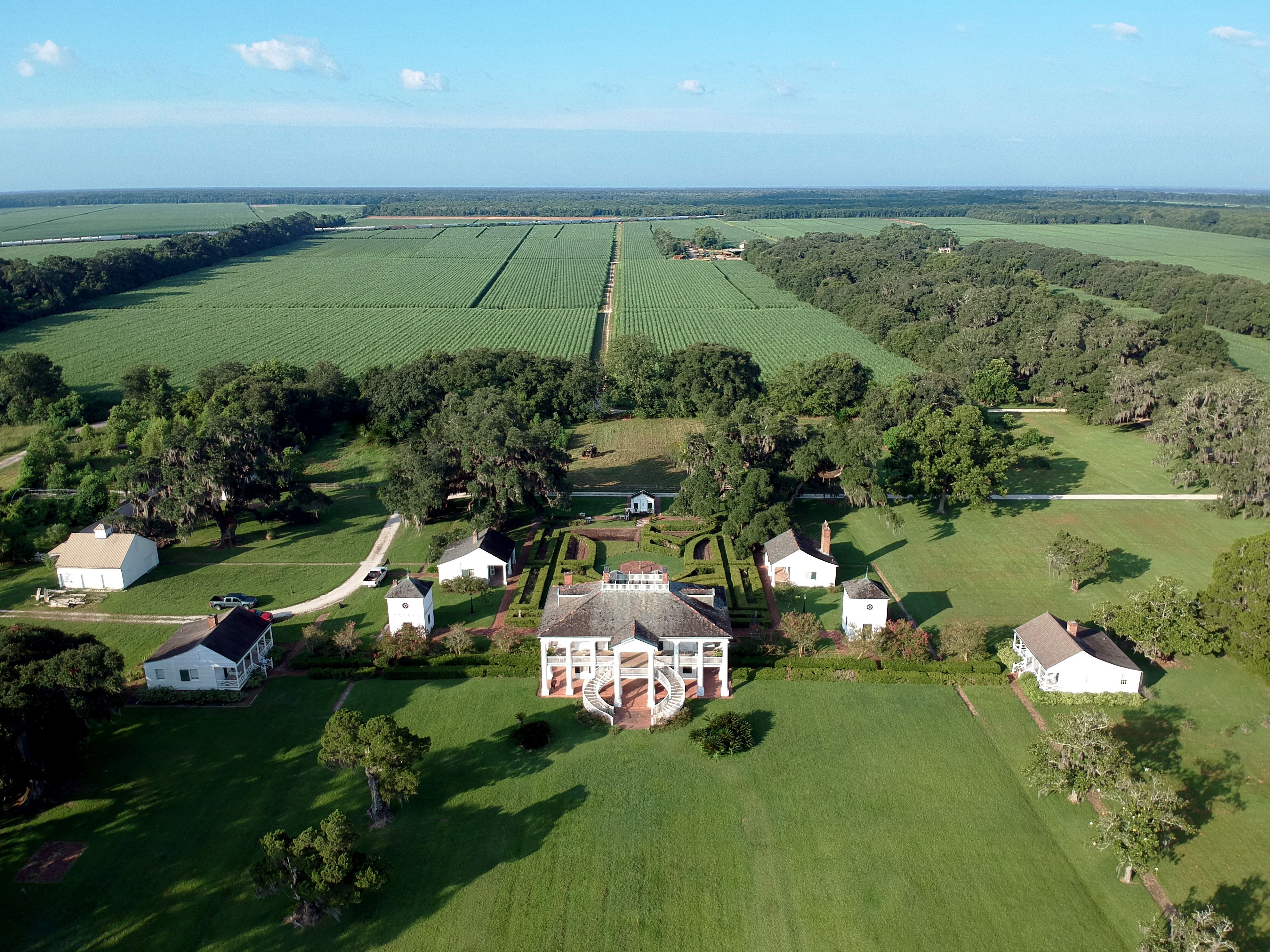 Photo is an aerial view of the west bank of St. John the Baptist Parish. The main house of Evergreen Plantation is in the middle with other buildings scattered around. Trees and rows of crops are in the background.