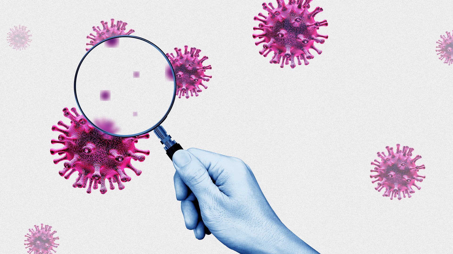 Illustration of viruses under a magnifying glass that appear smaller and more blurry