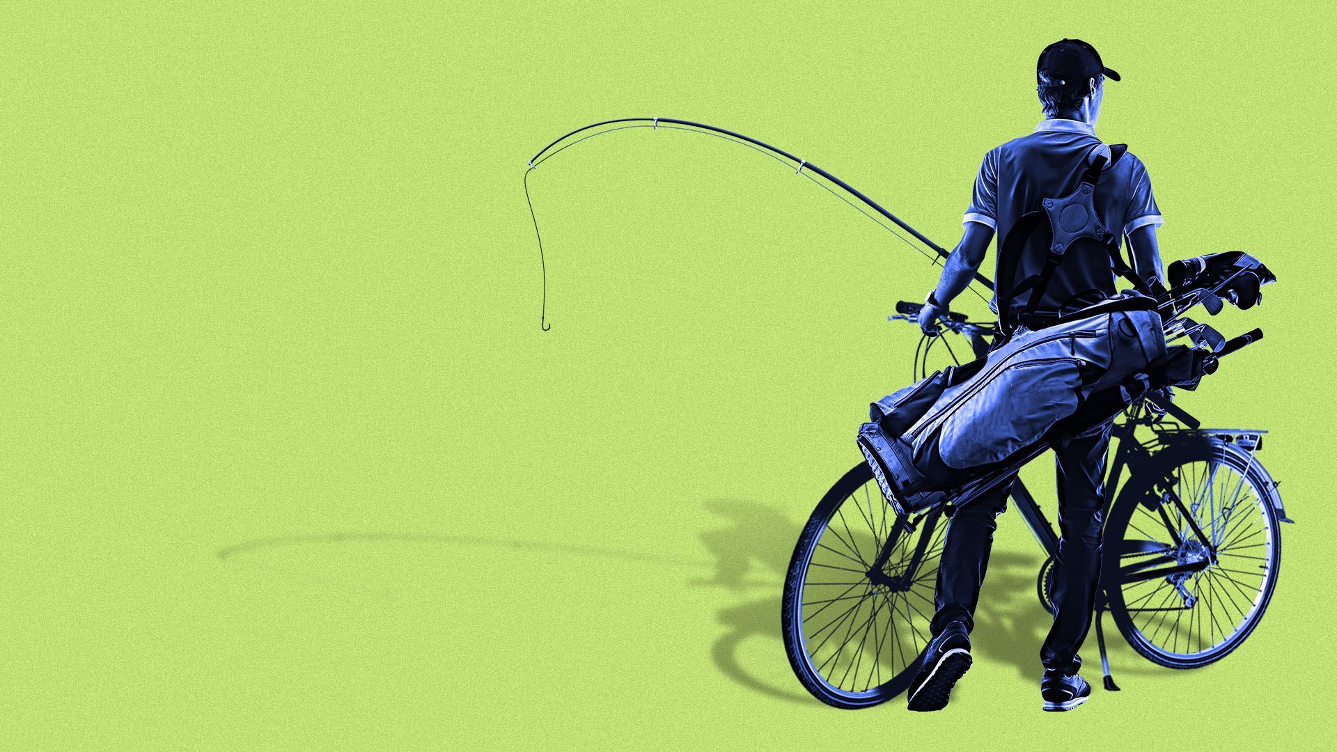 Illustration of a man with a golf bag, fishing rod, and bicycle