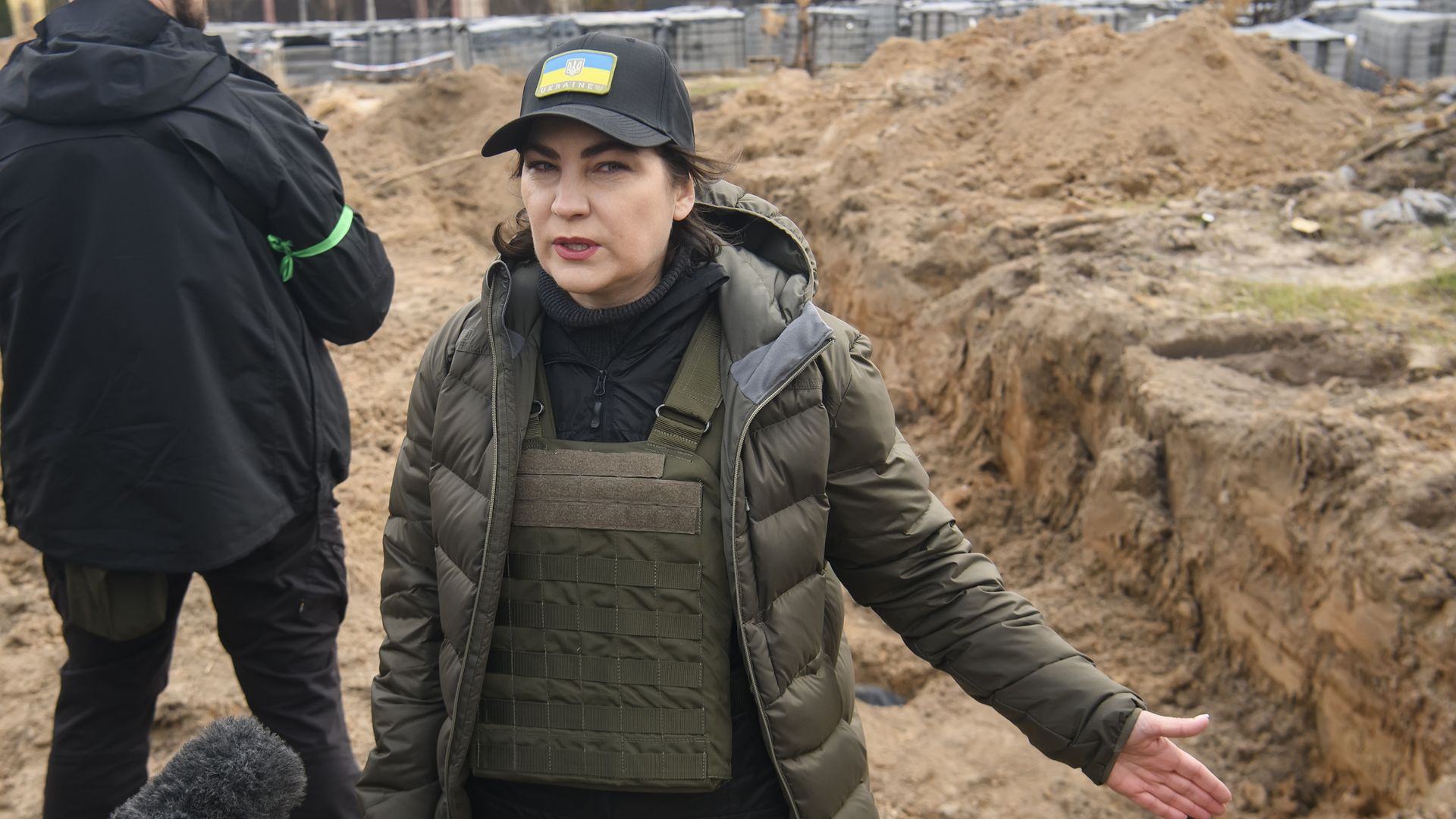 Ukraine's Prosecutor General Iryna Venediktova speaking near a mass grave site in Bucha, Ukraine, on April 12.