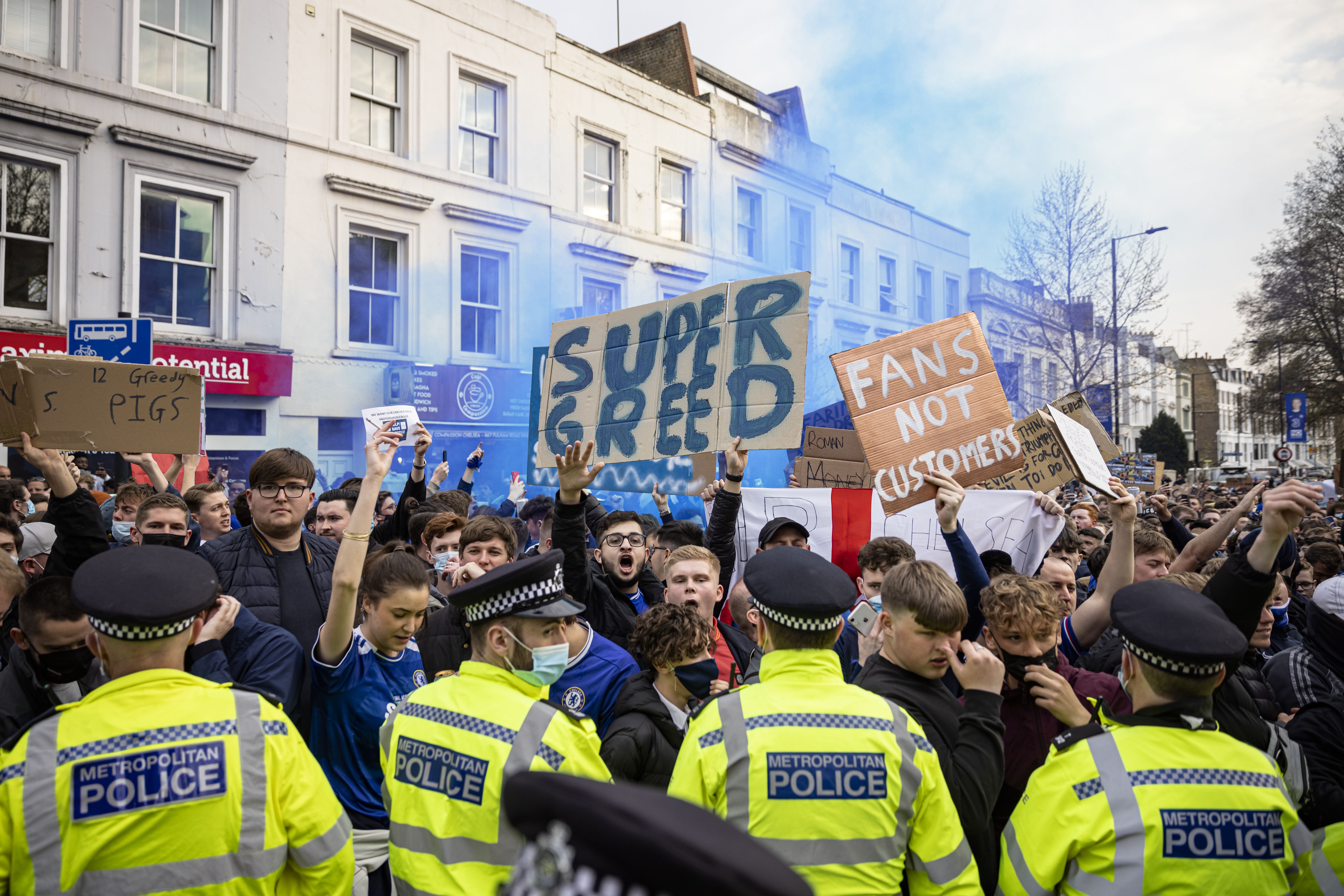 Chelsea fans protesting outside Stamford Bridge.